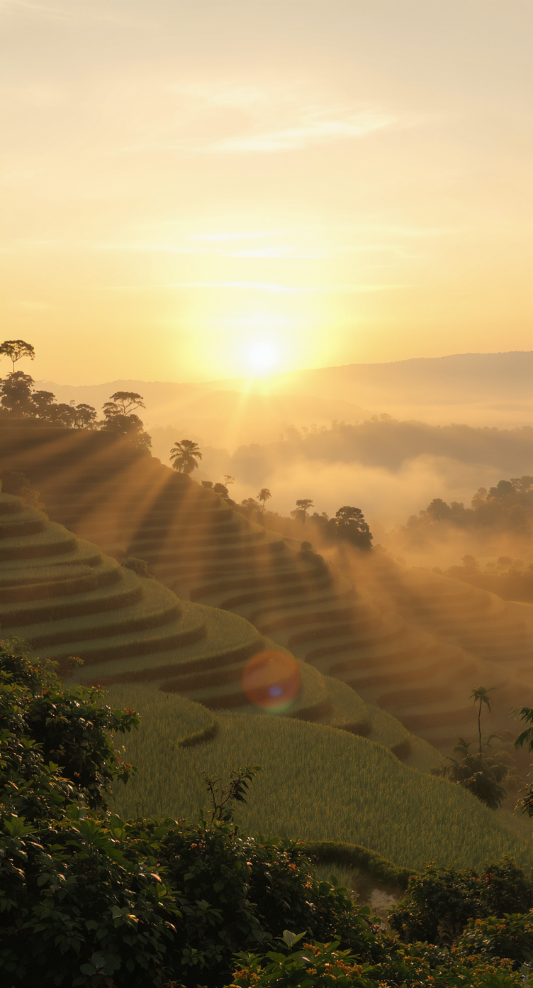 Golden sunrise illuminates terraced rice fields, creating a serene landscape