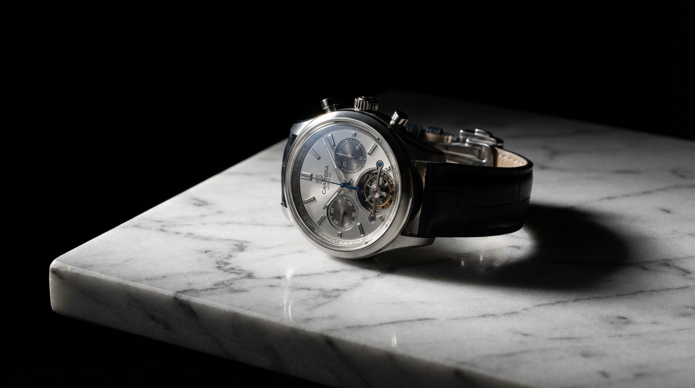 A sophisticated wristwatch rests elegantly on a white marble surface