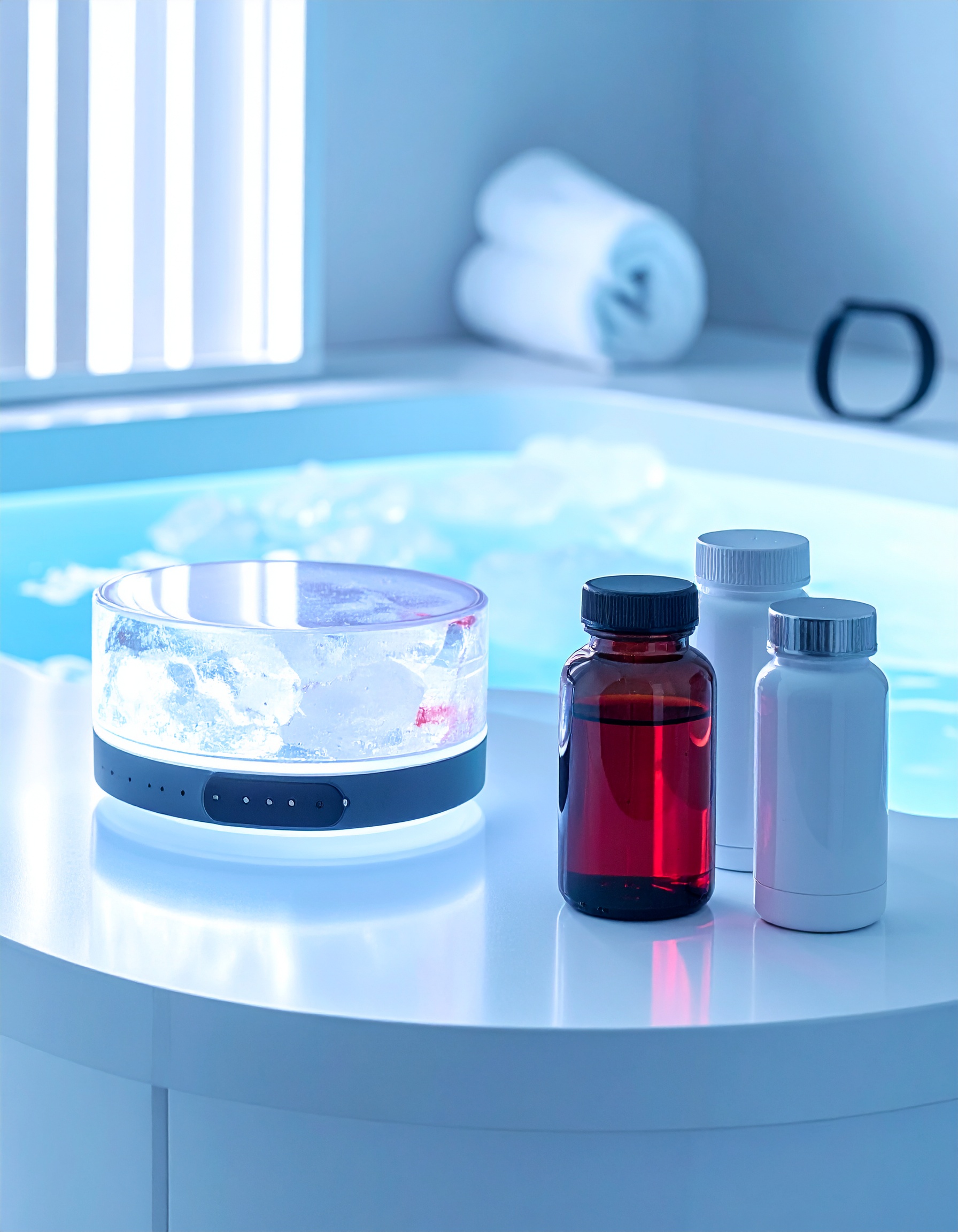 Aromatherapy diffuser set on a white countertop near a serene spa bath