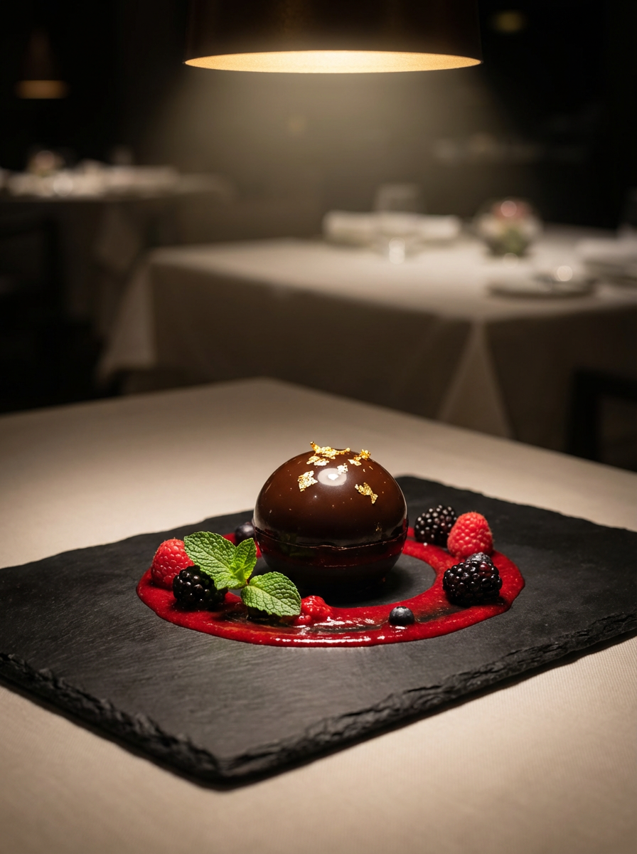 A luxurious chocolate dessert garnished with fresh berries and mint