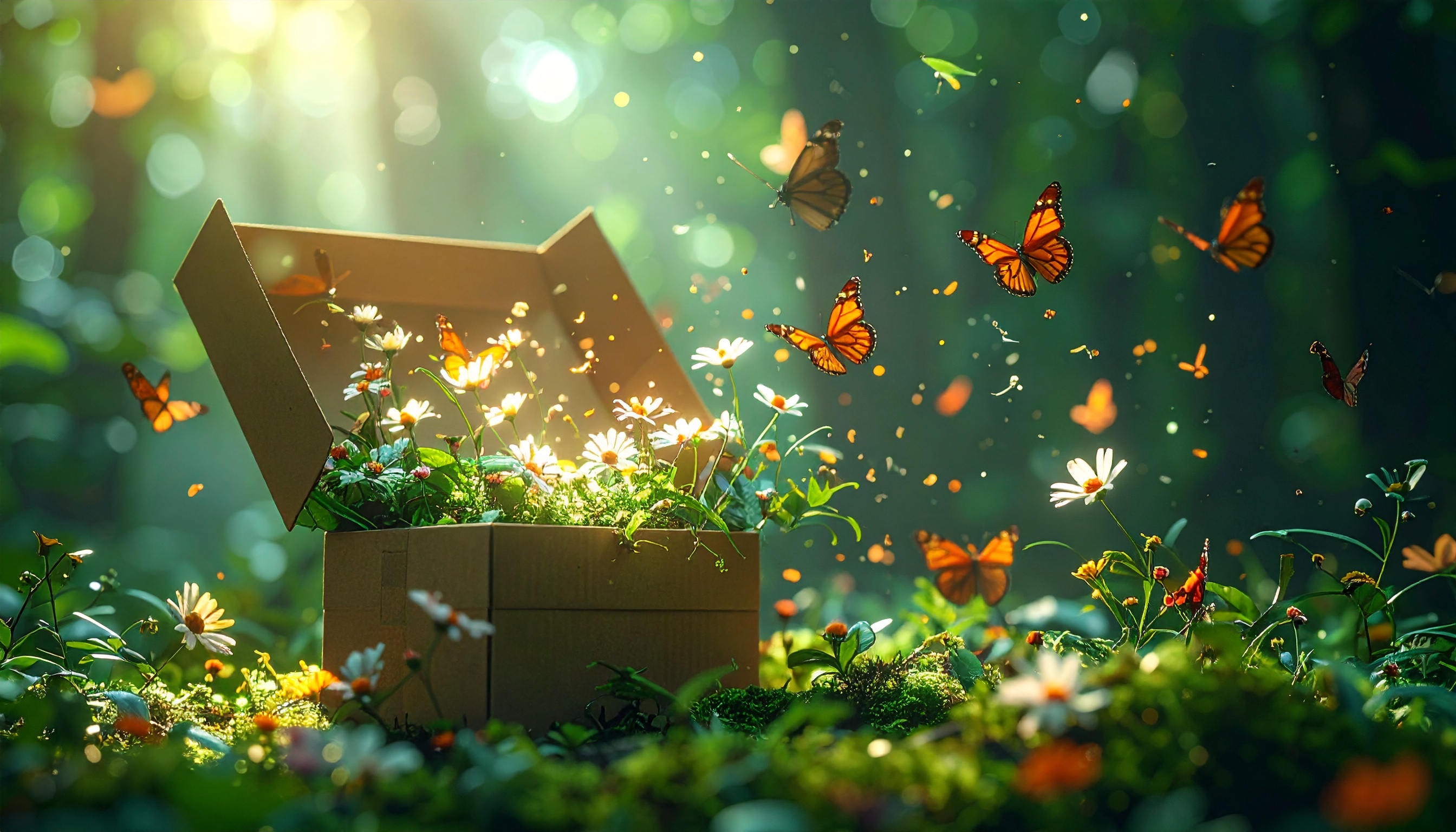 Uma caixa de papelão aberta, repleta de flores e cercada por borboletas, ilumina-se sob a luz suave do sol. Este cenário simboliza a beleza e a liberdade da natureza, ideal para representar conceitos de crescimento e renovação. As cores vibrantes das borboletas contrastam com o fundo verde da floresta, criando uma cena viva e inspiradora. Perfeito para campanhas de marketing que destacam produtos ecológicos ou serviços de bem-estar. A imagem oferece um toque de encantamento e serenidade que pode enriquecer materiais publicitários e visuais criativos.