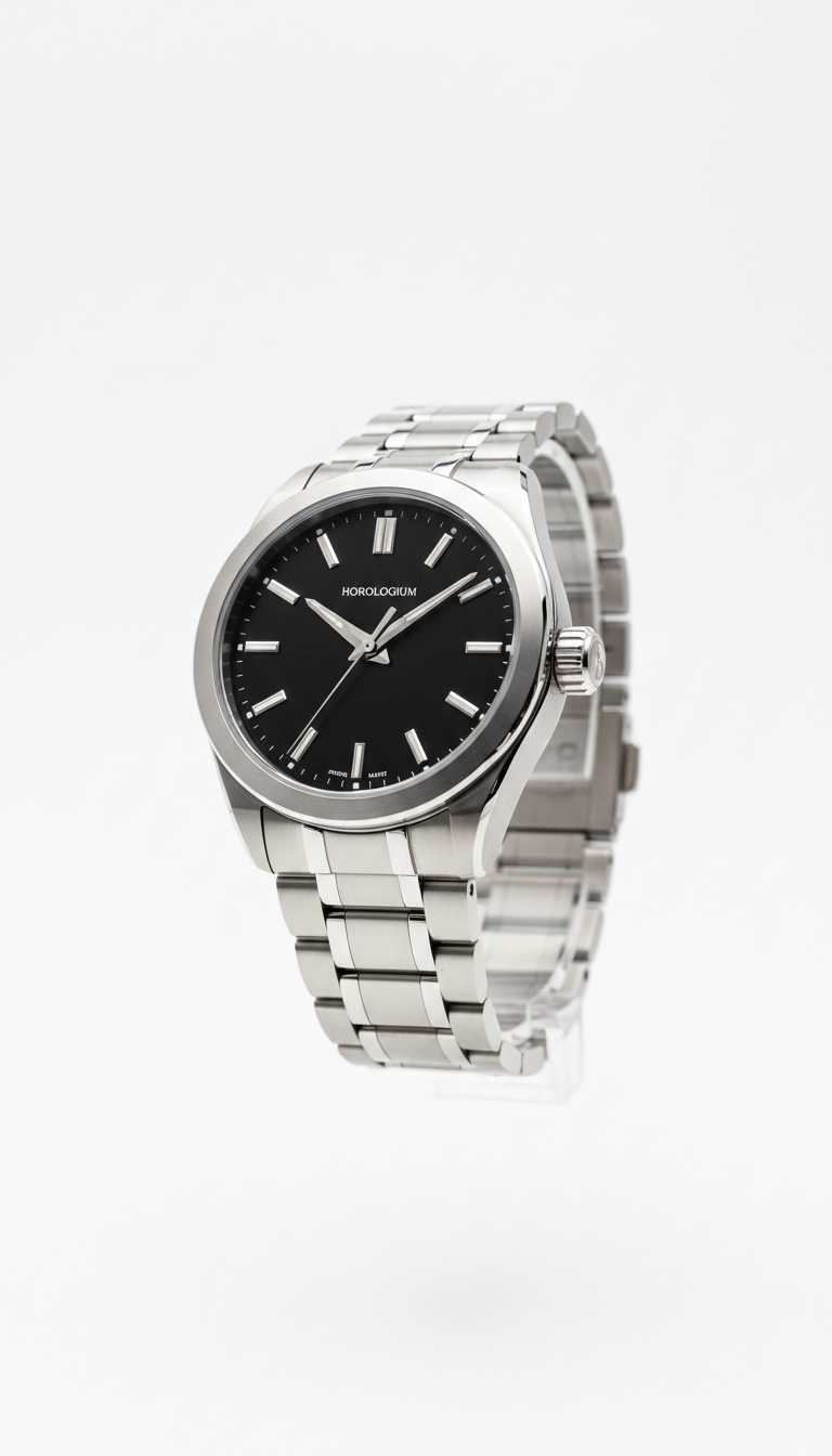 A sleek stainless steel wristwatch with a black dial is elegantly positioned against a plain