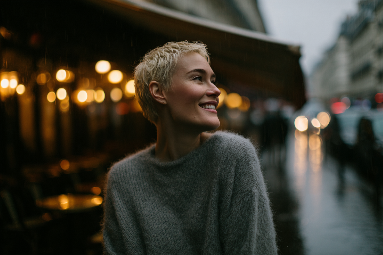 Retrato de uma mulher sorridente com cabelo curto e platinado, vestindo um suéter cinza, em uma rua chuvosa. O fundo mostra luzes de um café e reflexos na água do piso molhado, criando uma atmosfera acolhedora e urbana.