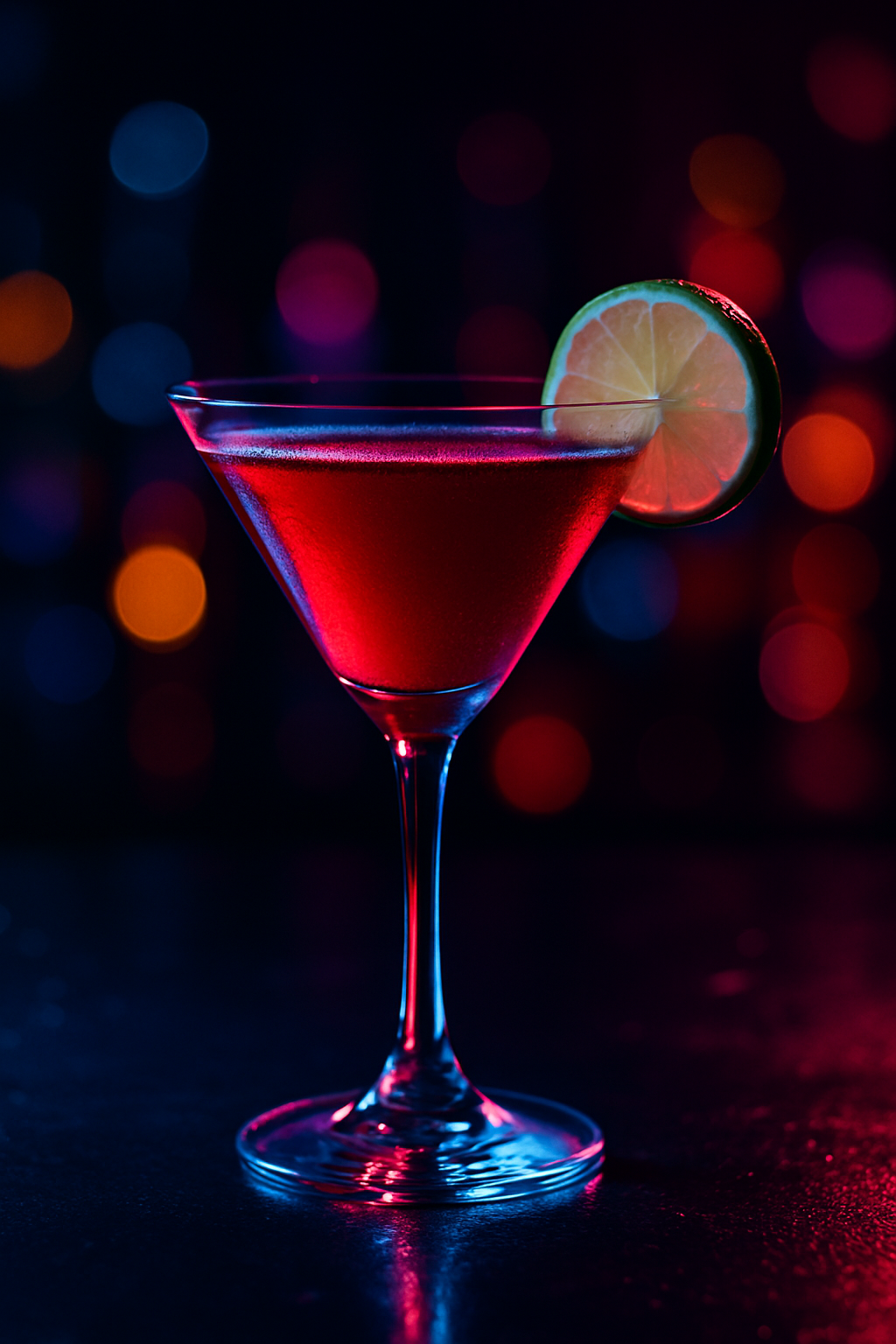 A vibrant cocktail in a martini glass garnished with a lime slice