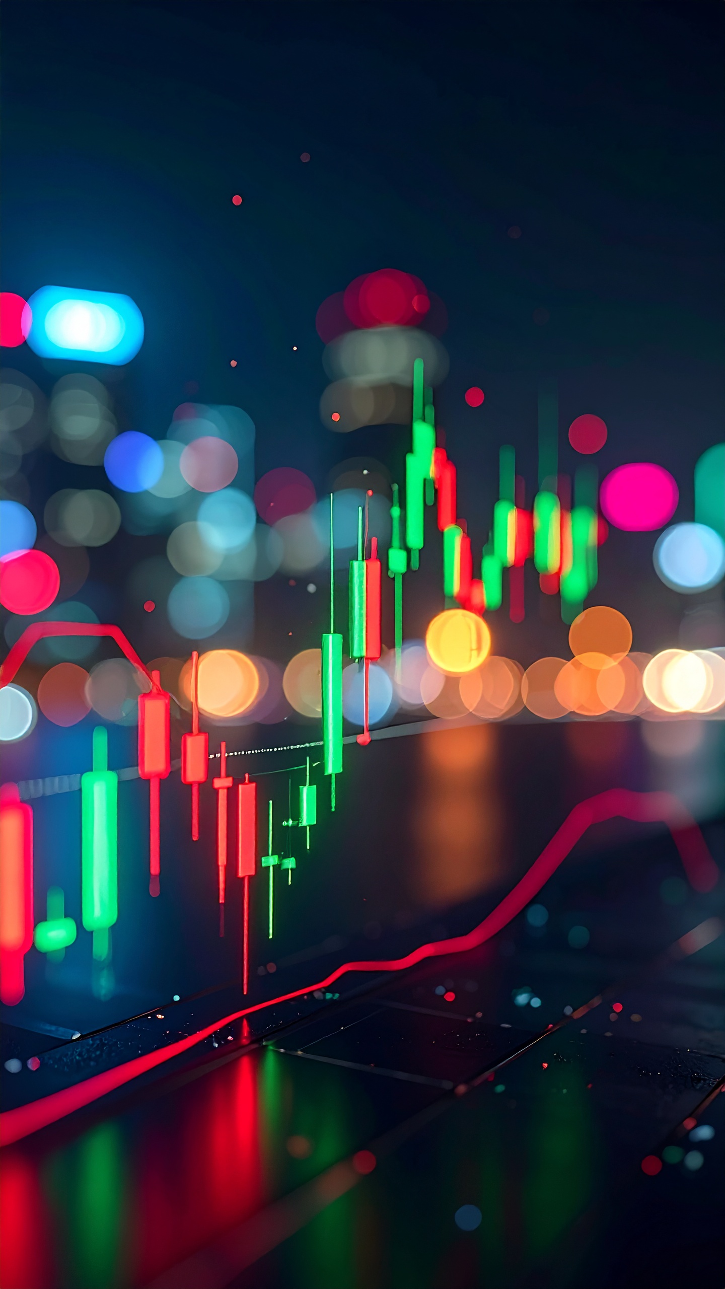 Gráfico de velas coloridas em um ambiente urbano noturno com luzes neon difusas, representando a volatilidade do mercado financeiro com um toque futurista.