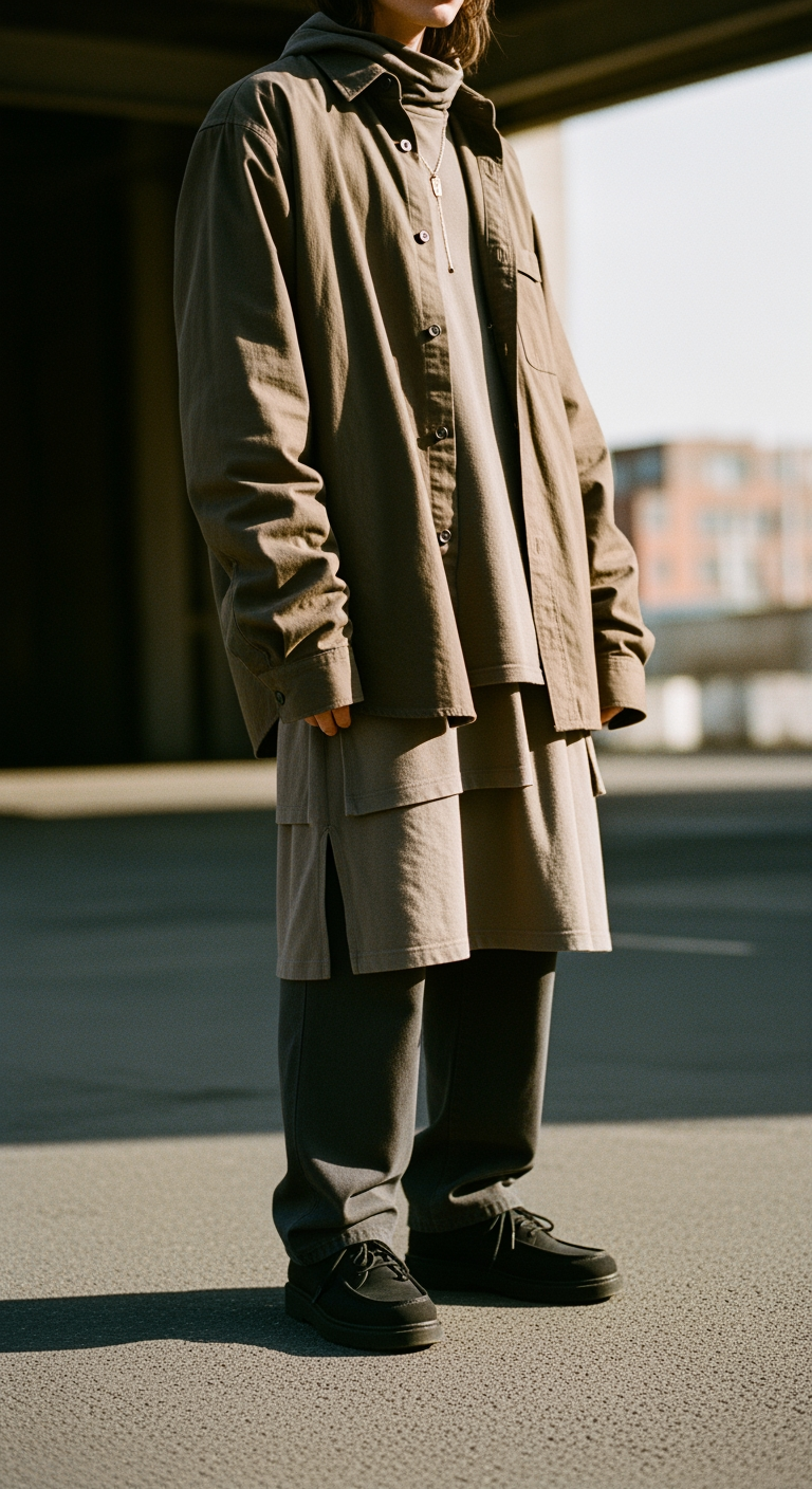 A person stands in layered casual wear under an overpass