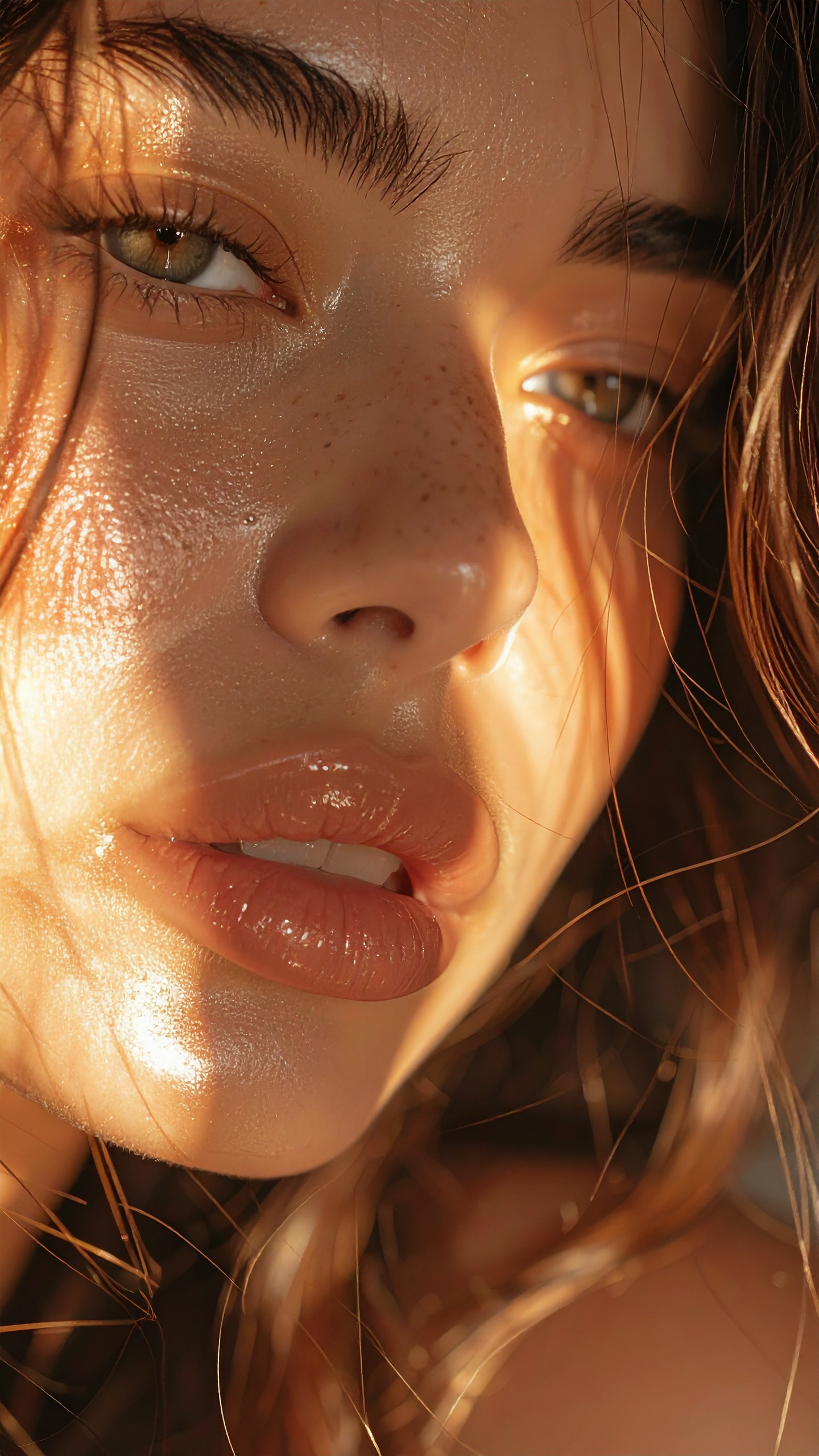 Close-up of a person's face with glowing skin and natural makeup