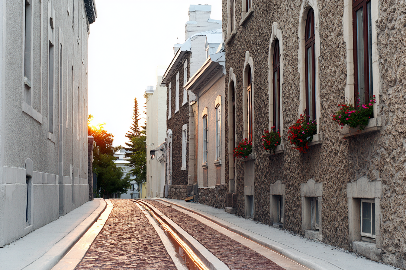 Rua estreita de paralelepípedos ao entardecer, ladeada por edifícios históricos com janelas floridas em uma pitoresca cidade europeia, transmitindo tranquilidade e charme antigo.