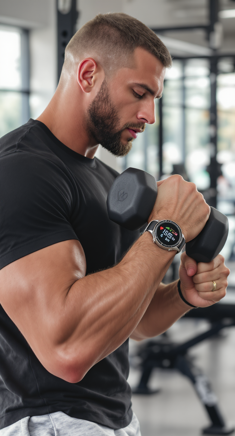 A man with a smartwatch lifts a dumbbell in a gym setting