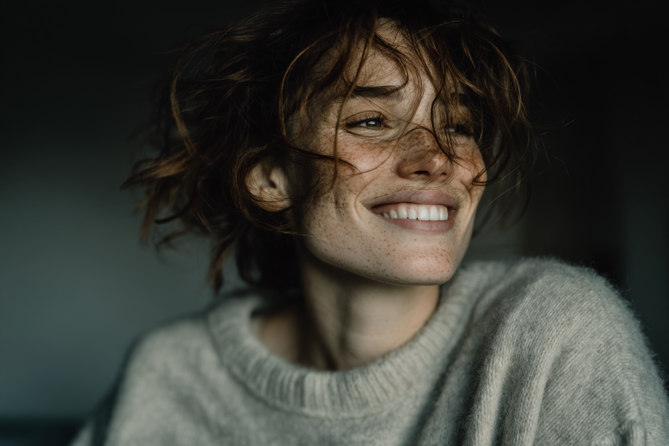 A imagem apresenta uma mulher com cabelo cacheado e bagunçado, sorrindo com um olhar alegre. O fundo é de um tom escuro, que contrasta com a suavidade do suéter cinza claro que ela usa. A iluminação é suave, destacando os detalhes do rosto, como as sardas e a expressão feliz.