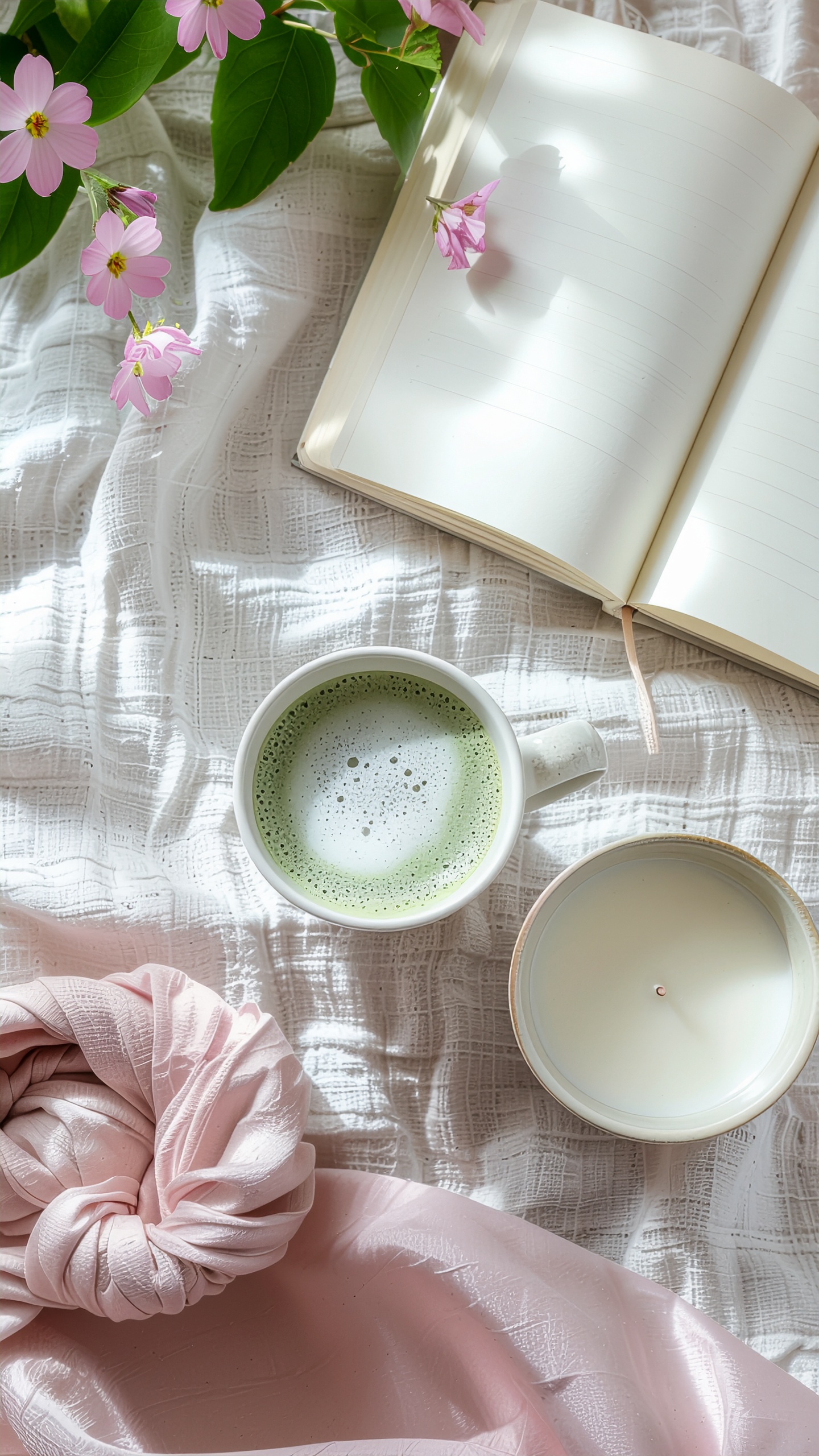 Serene Sunlit Room with Matcha Tea and Flowers