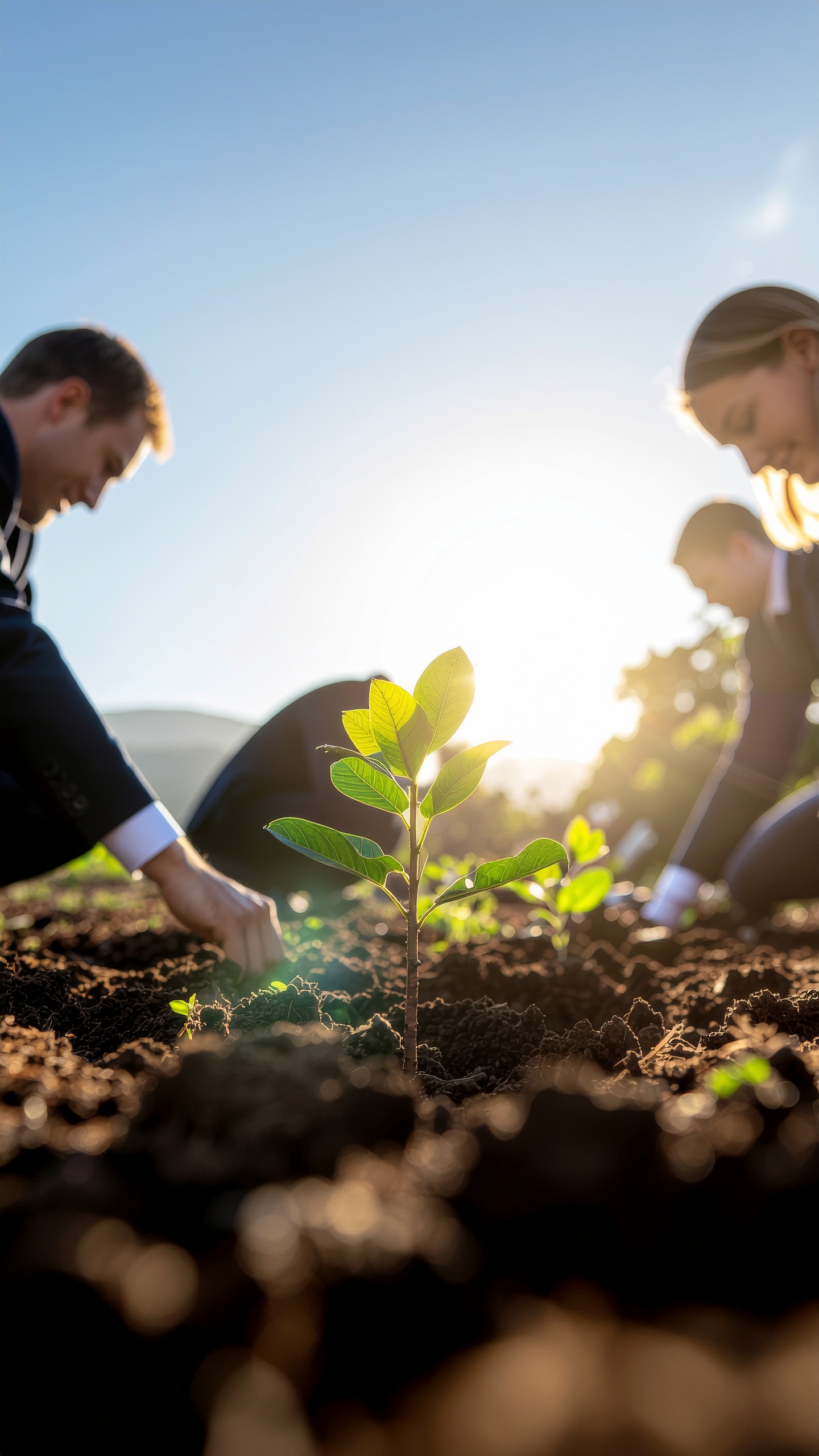 People in Formal Attire Planting a Seedling in Fertile Soil