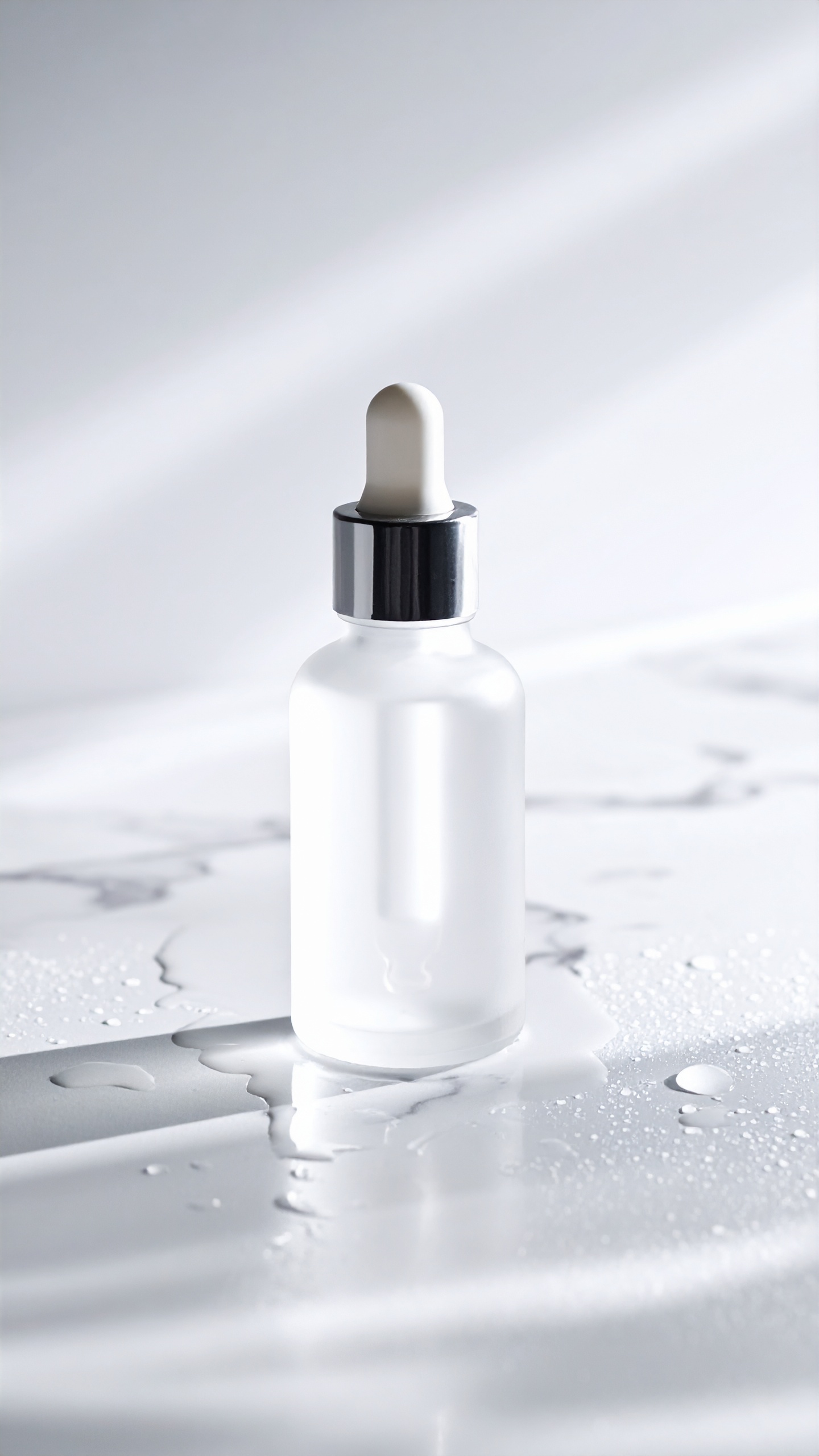 A sleek glass dropper bottle sits elegantly on a white marble surface, exuding a sense