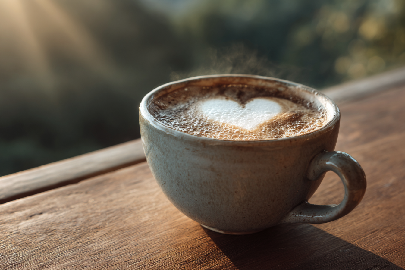 Uma xícara de café fumegante com espuma em forma de coração, em uma mesa de madeira, iluminada por luz natural suave, ideal para amantes de café e momentos aconchegantes.