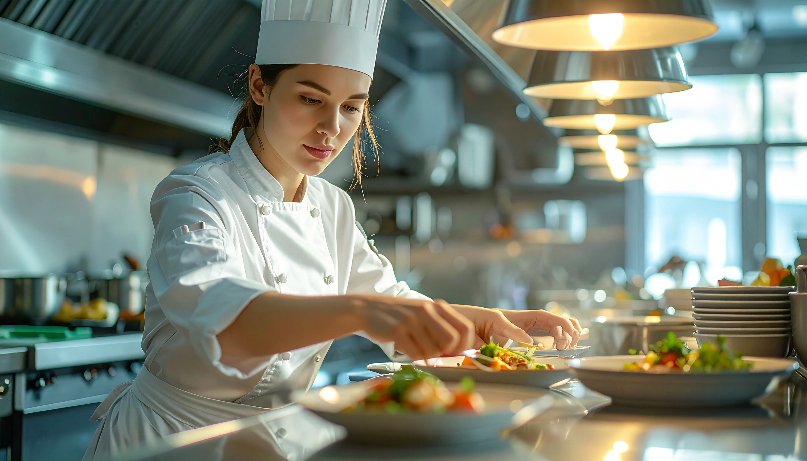 A skilled chef is meticulously plating a dish under warm kitchen lighting