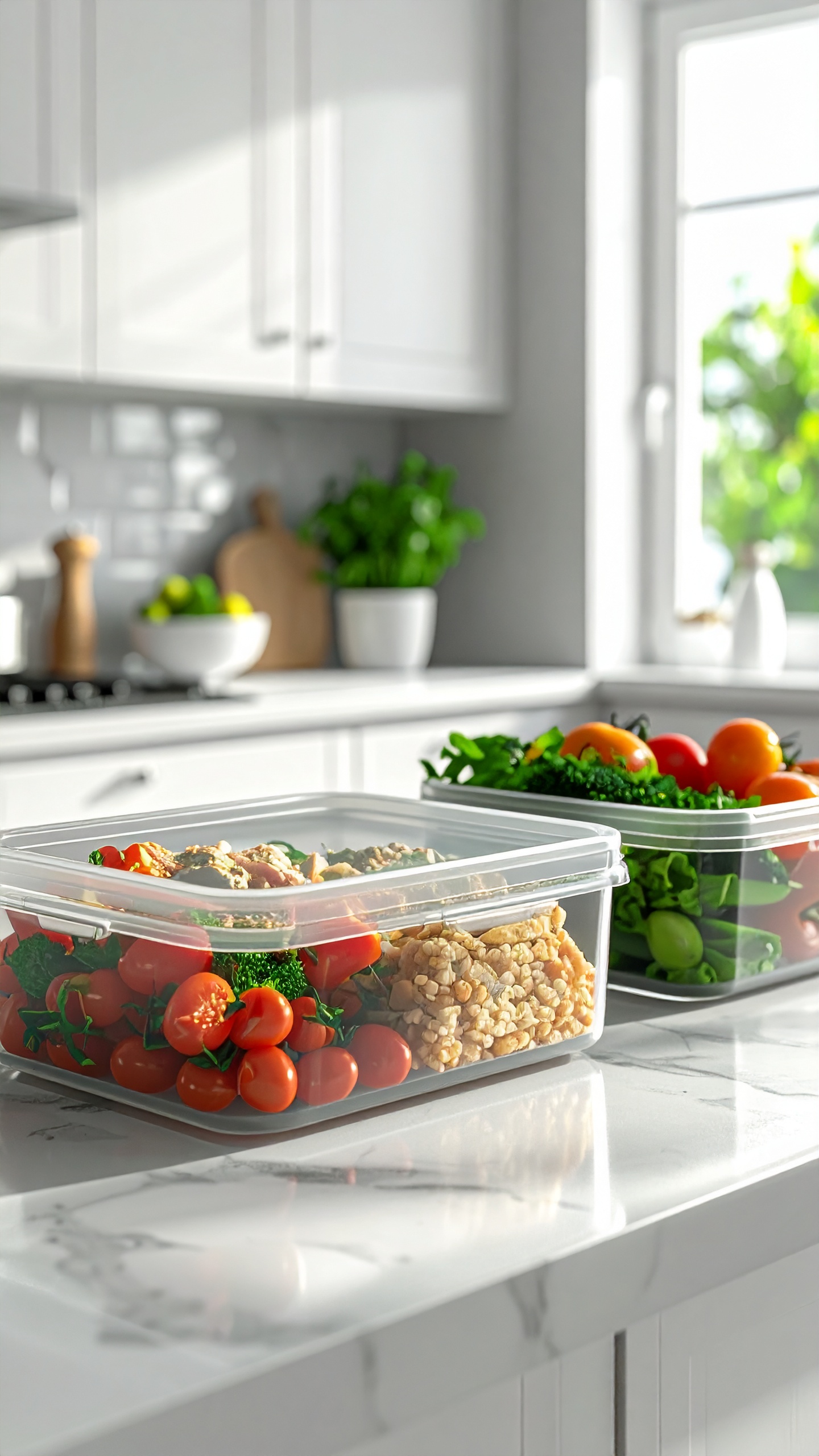 Transparent food containers sit elegantly on a white marble countertop, filled with fresh vegetables