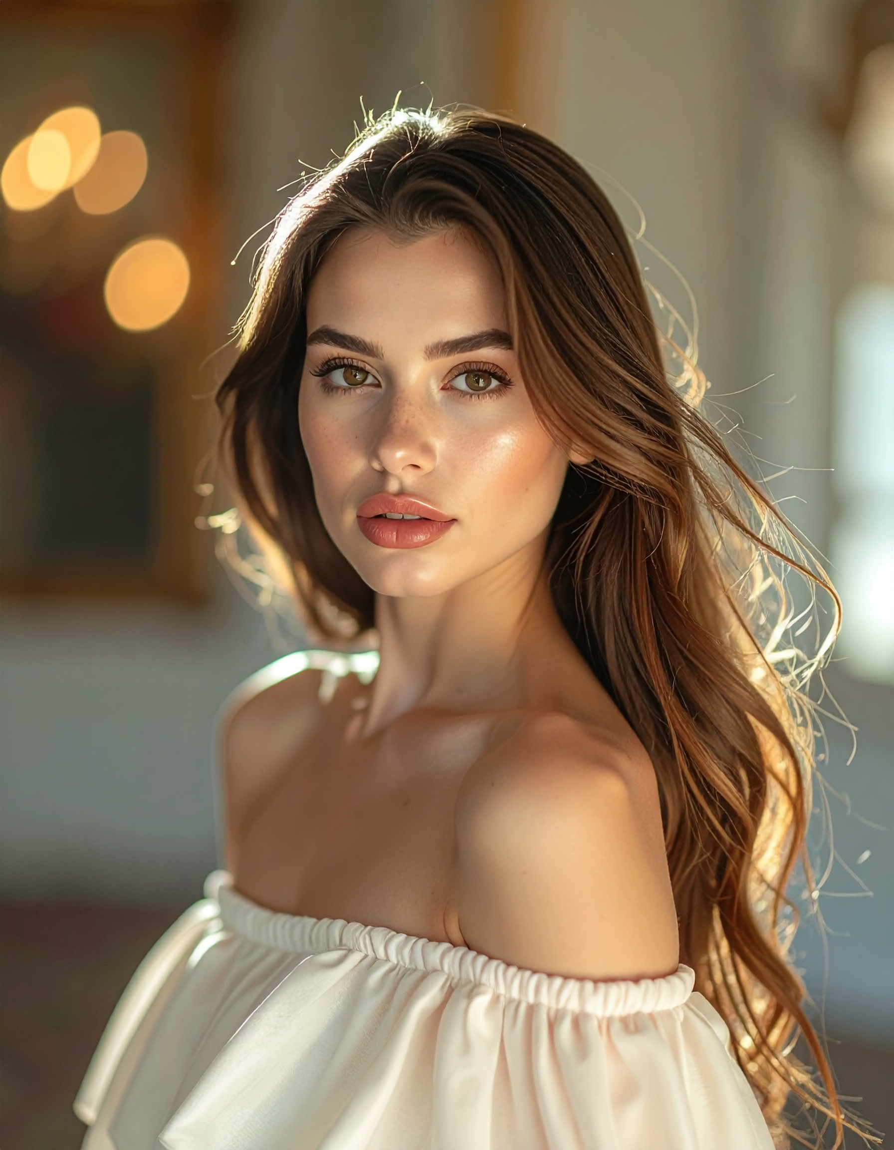 Young woman in soft-focus lighting with elegant makeup