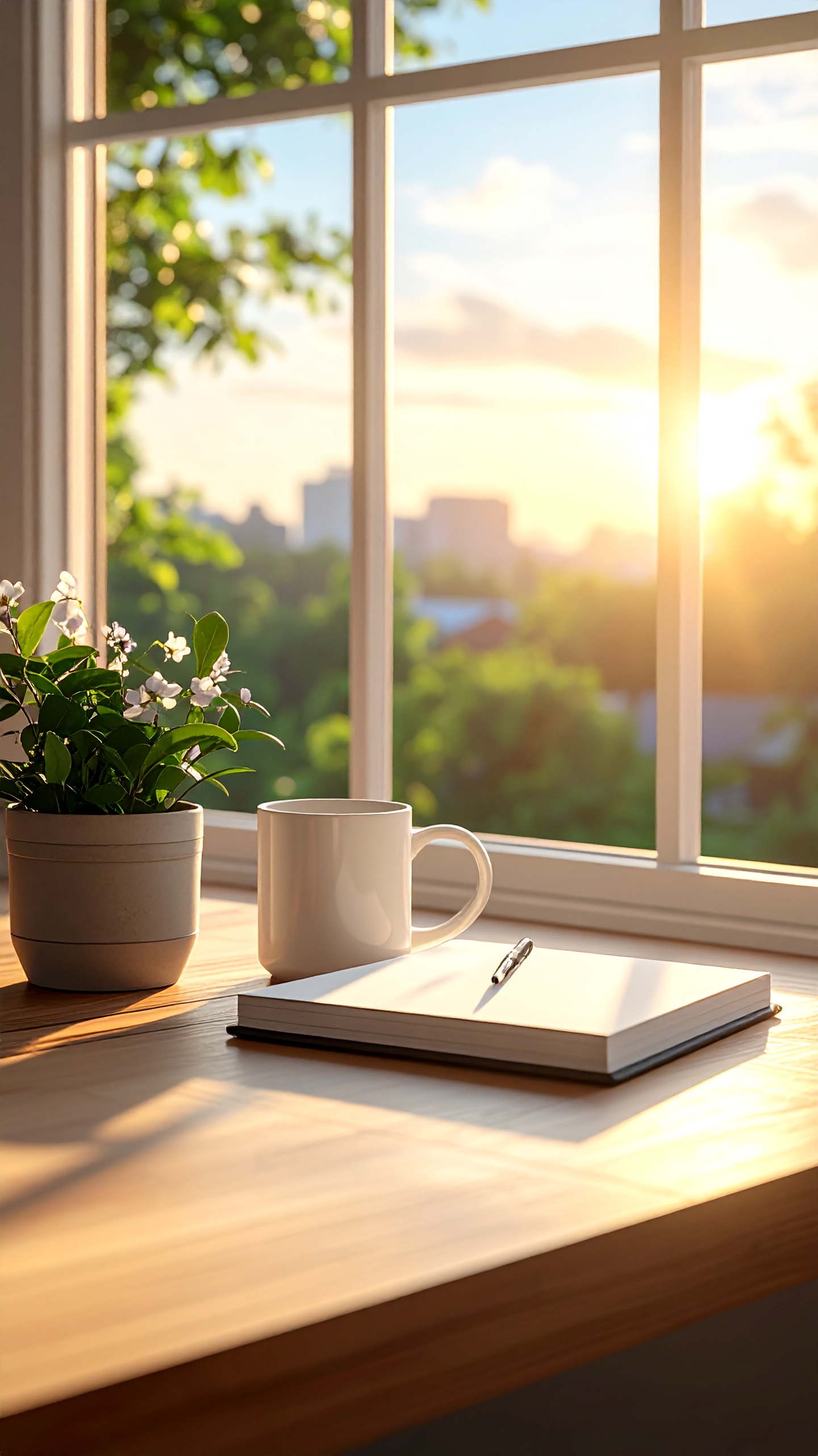 A serene morning scene features a potted plant, a white coffee mug, and a notebook