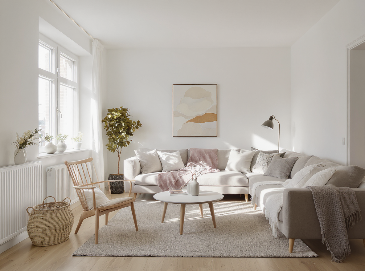 A stylish and cozy living room is beautifully arranged with a large L-shaped sofa and a wooden chair