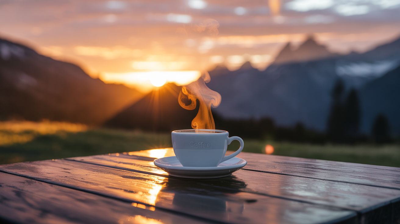 Uma xícara de café fumegante repousa sobre uma mesa de madeira ao ar livre, iluminada por um pôr do sol deslumbrante nas montanhas ao fundo. A luz dourada reflete na superfície da mesa, criando uma atmosfera serena e contemplativa, com o vapor dançando no ar frio da montanha. A composição é equilibrada, com foco suave nos detalhes da xícara e do vapor, enquanto o cenário montanhoso desfocado adiciona profundidade à imagem.
