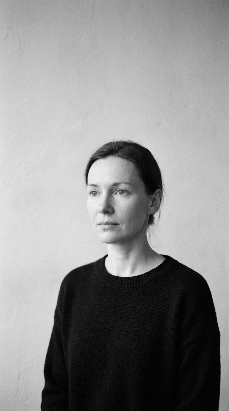 Black and white portrait of a thoughtful woman against a simple background