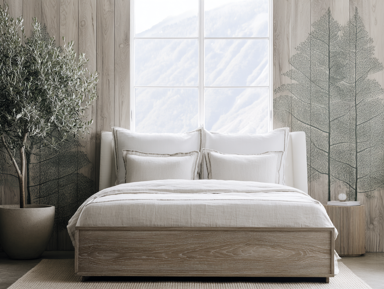 Quarto moderno e minimalista com cama de madeira clara e roupa de cama branca, destacando-se contra uma parede texturizada com padrão de folhas. Iluminação natural suave entrando pela janela grande com vista para montanhas, criando um ambiente tranquilo e sereno. A composição é equilibrada com uma árvore em vaso adicionando um toque de natureza ao design elegante e aconchegante.