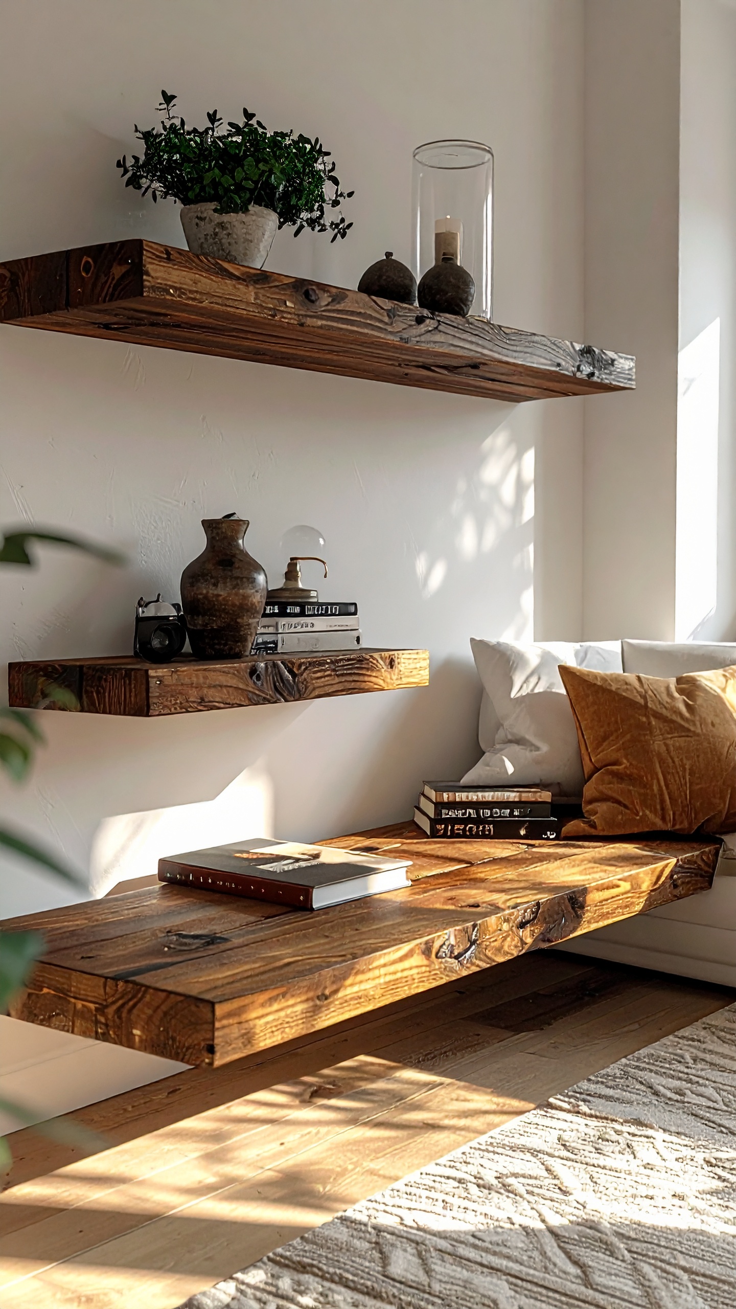 Cozy Living Room with Rustic Wooden Floating Shelves