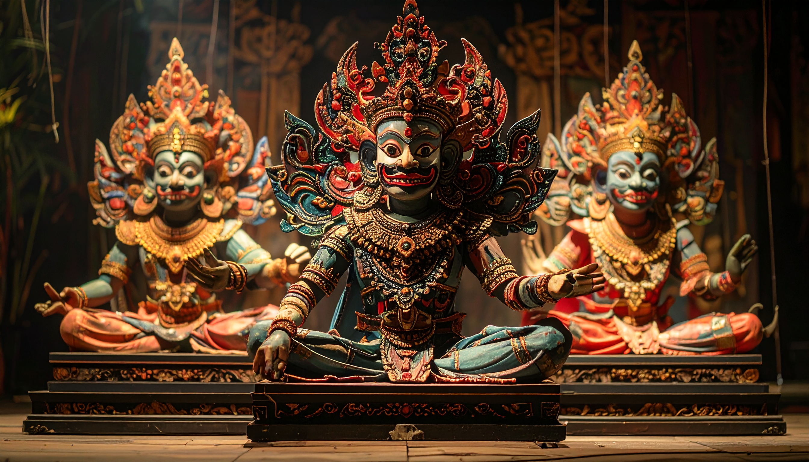 Esculturas hindus ricamente detalhadas em um ambiente teatral. Ideais para decoração temática ou como peças de colecionador, essas obras de arte exibem cores vibrantes e detalhes intricados. Figuras sentadas em poses meditativas, adornadas com joias e ornamentos elaborados. Perfeitas para criar uma atmosfera mística em eventos culturais ou espaços de meditação. Cada peça oferece um vislumbre da rica tradição artística.