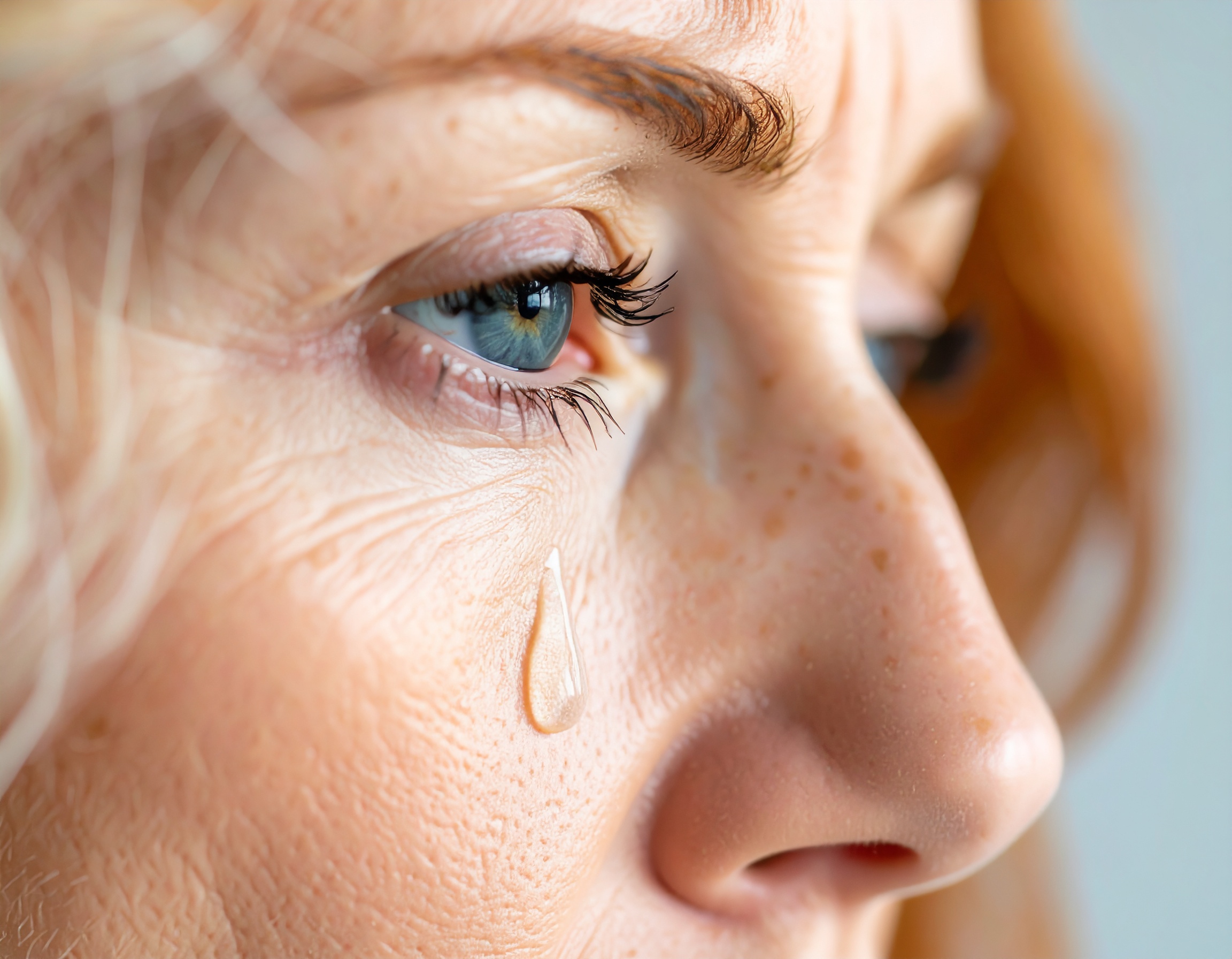 Close-up of a woman's face showing an emotional tear