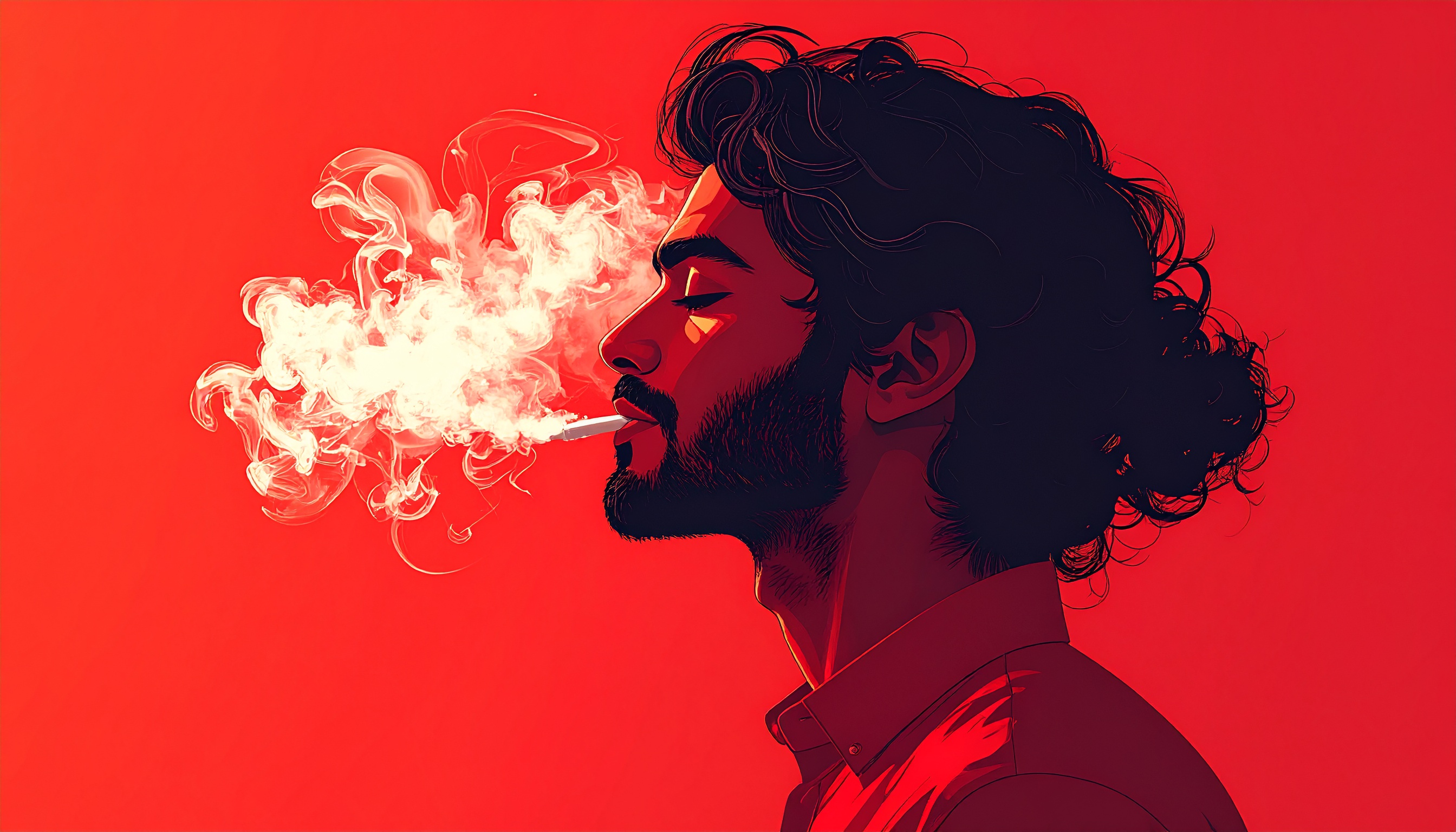 A stylish illustration of a person with a cigarette exhaling smoke against a vibrant red background