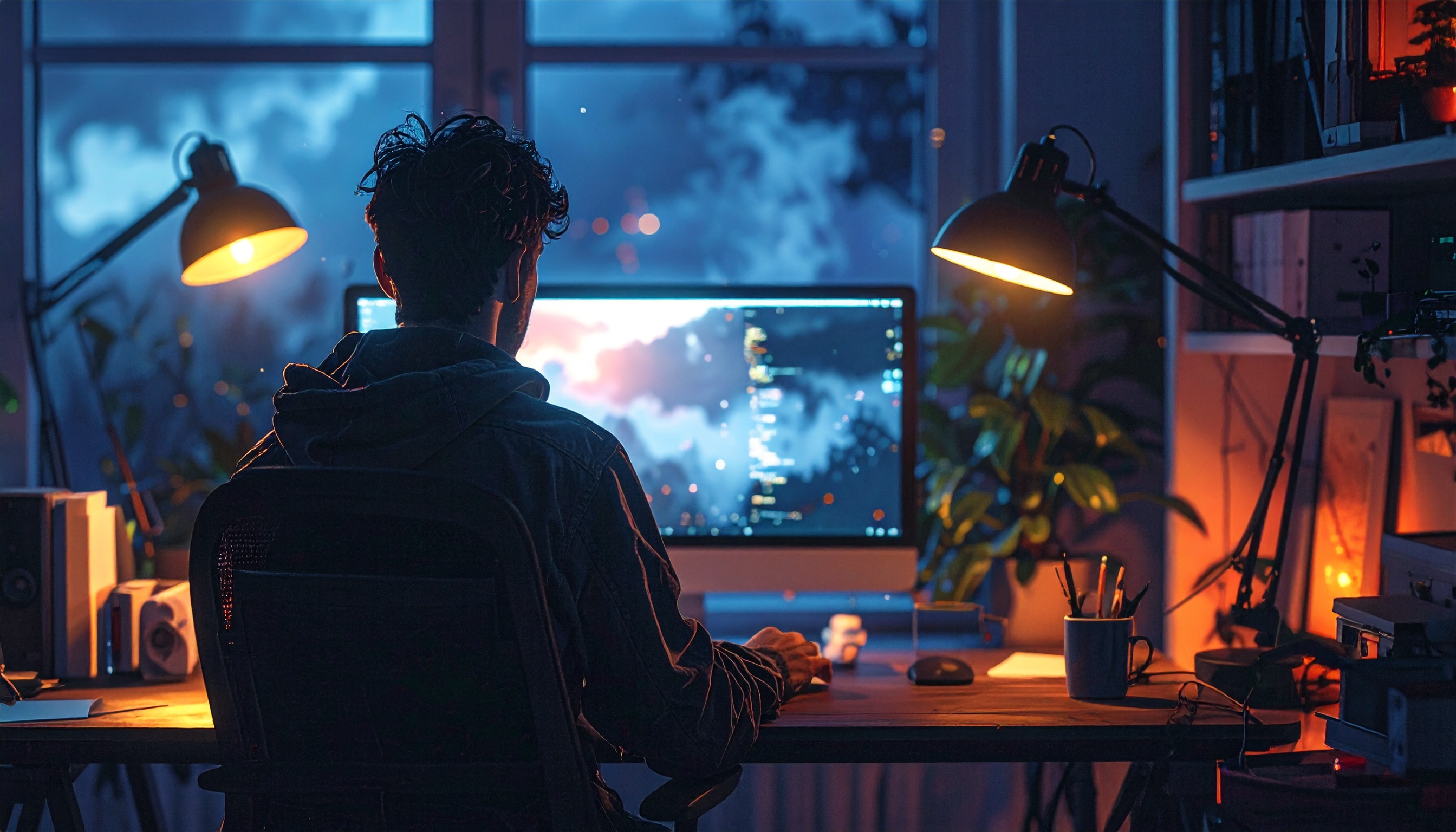 Cena noturna em um escritório com um indivíduo concentrado na frente de um monitor de computador. A iluminação quente de luminárias cria um contraste com a luz azulada e fria vinda da janela ao fundo. O ambiente é organizado, com plantas e objetos de escritório dispostos sobre uma mesa de madeira. A atmosfera é de foco e criatividade, destacada pelo jogo de luz e sombra e pela composição equilibrada do espaço.