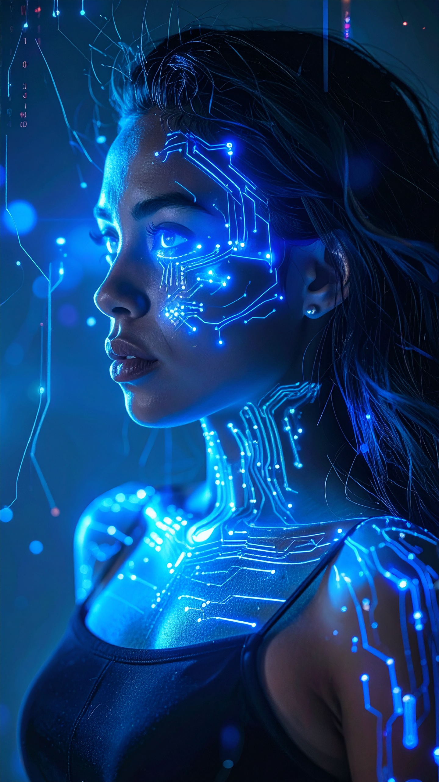 Woman with Blue Light Circuits in Futuristic Cyberpunk Style