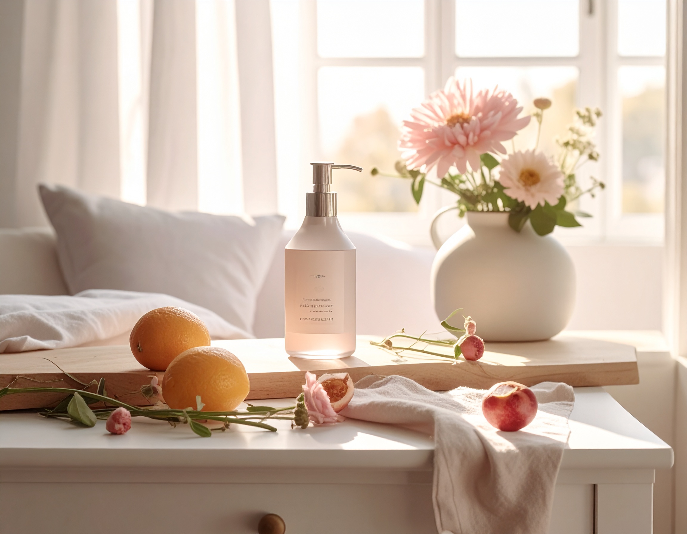 Cenário sereno e iluminado por luz natural, apresentando uma garrafa de loção sobre uma mesa branca, rodeada por laranjas frescas, flores suaves e um vaso decorativo. O ambiente é minimalista e acolhedor, com cortinas translúcidas que filtram a luz suave do sol, criando uma atmosfera relaxante. A composição é equilibrada, com foco nítido nos objetos e fundo desfocado, destacando a textura e as cores pastéis.
