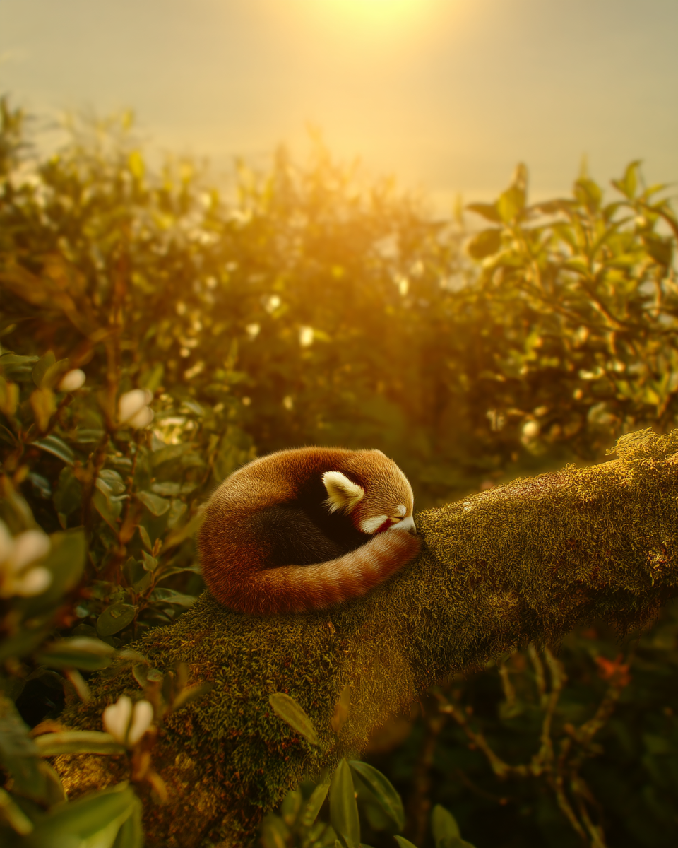 Um panda-vermelho dorme pacificamente em um galho coberto de musgo sob a luz quente do pôr do sol, cercado por folhagens exuberantes, criando uma cena de tranquilidade e beleza natural.