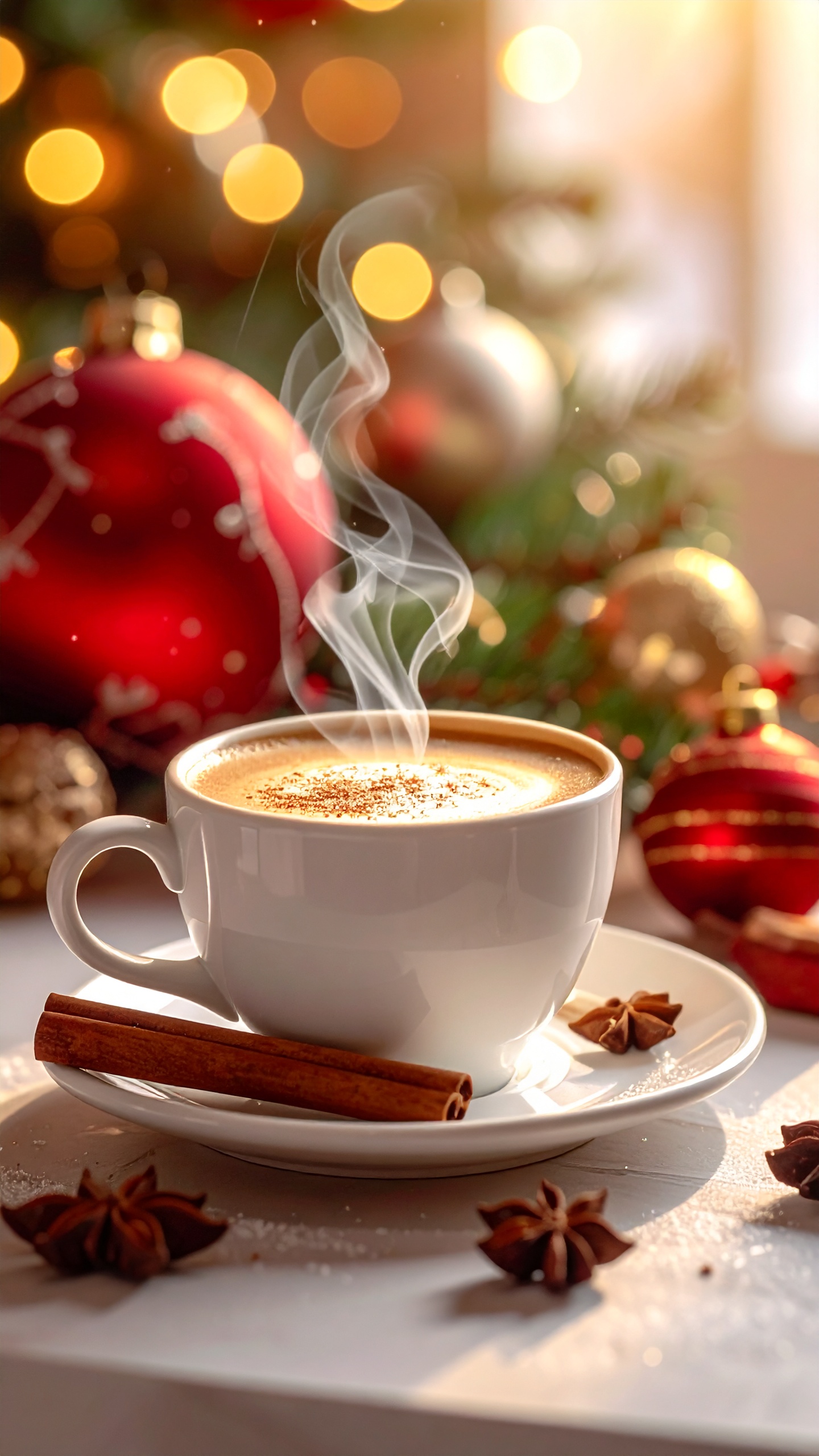 Cozy White Coffee Cup with Cinnamon and Star Anise on Christmas Background