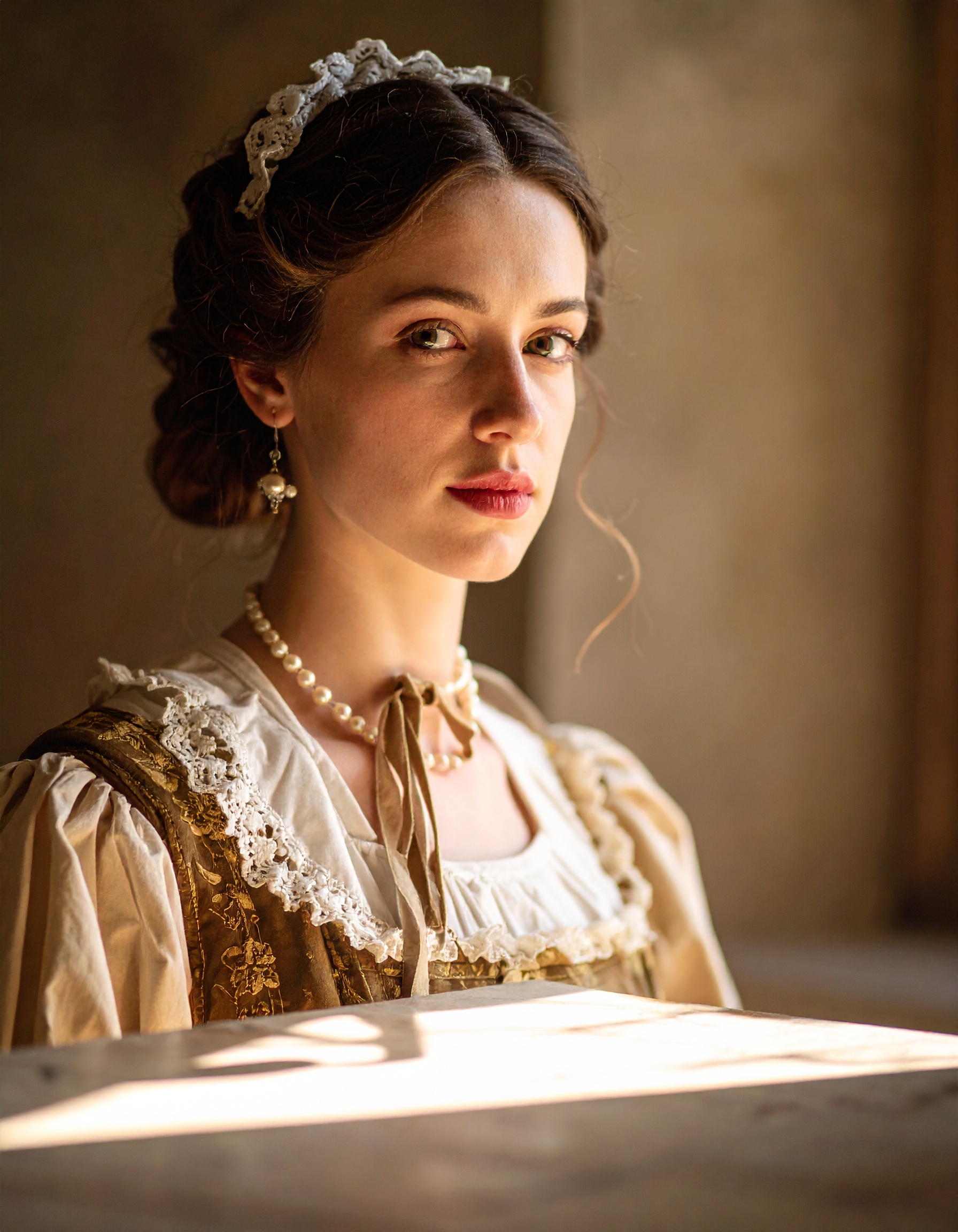 A young woman in vintage attire gazes thoughtfully by a sunlit window