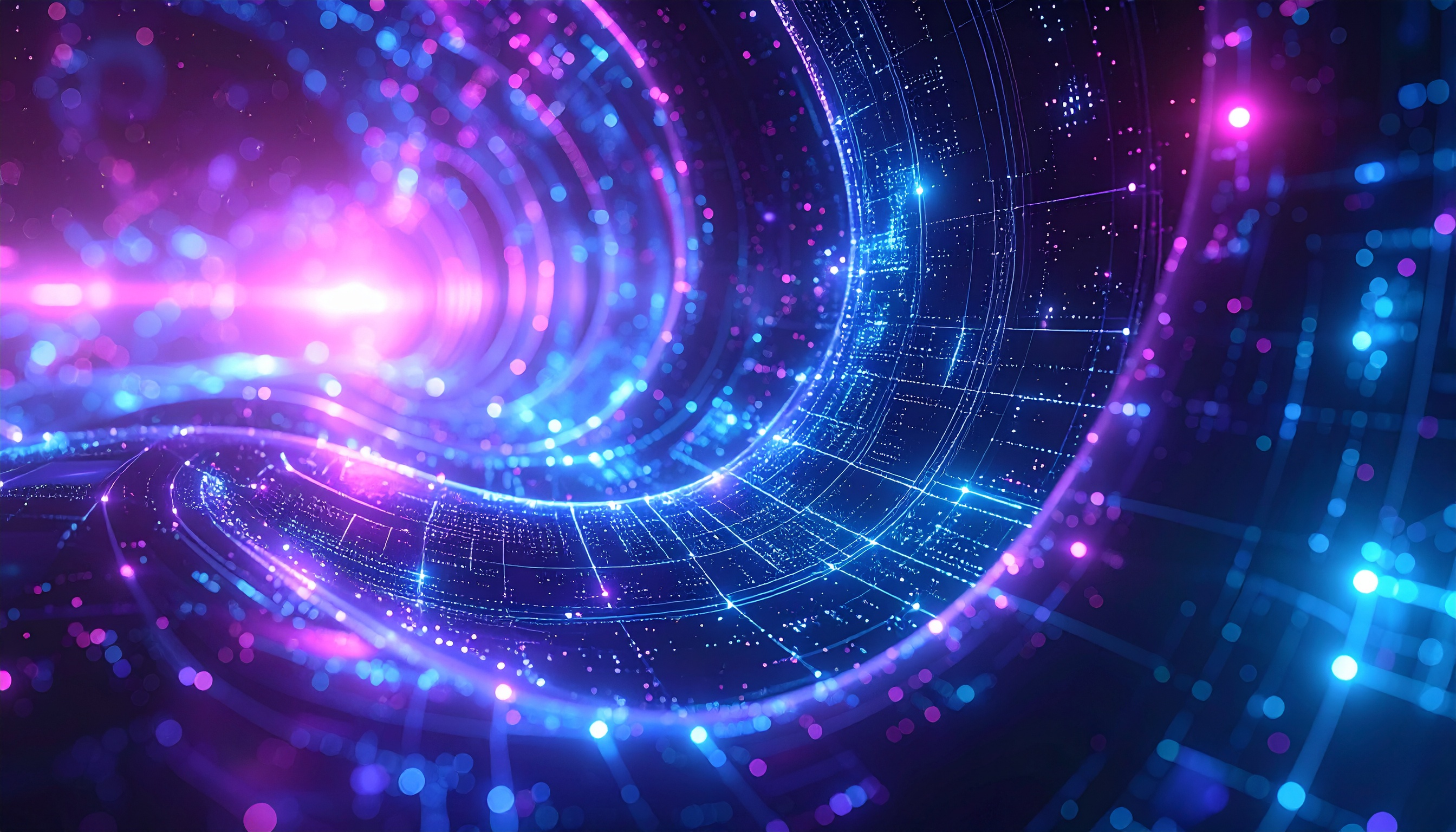 A vibrant digital tunnel with swirling blue and purple lights creates a futuristic ambiance