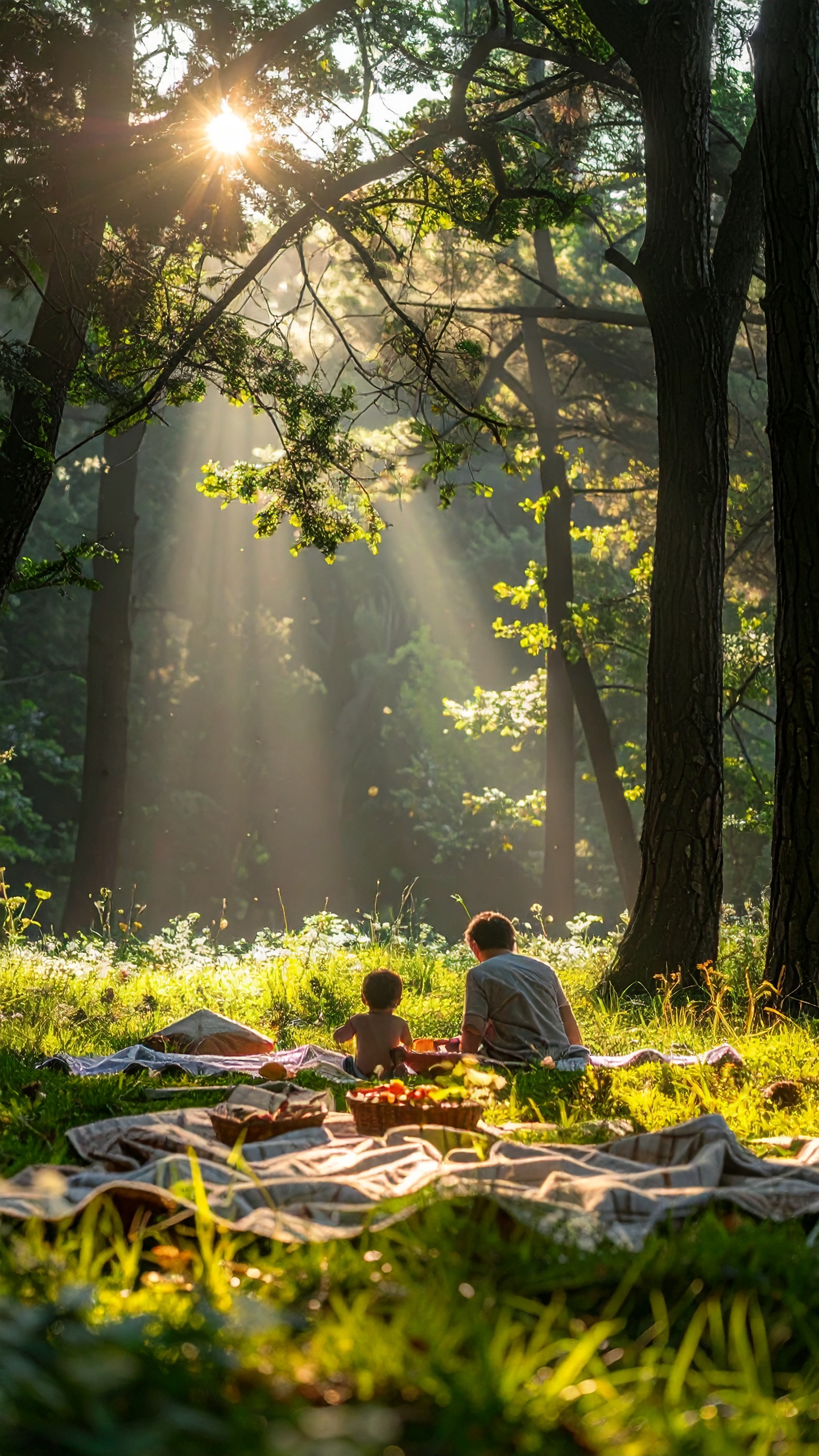 A serene picnic scene unfolds in a sunlit forest clearing