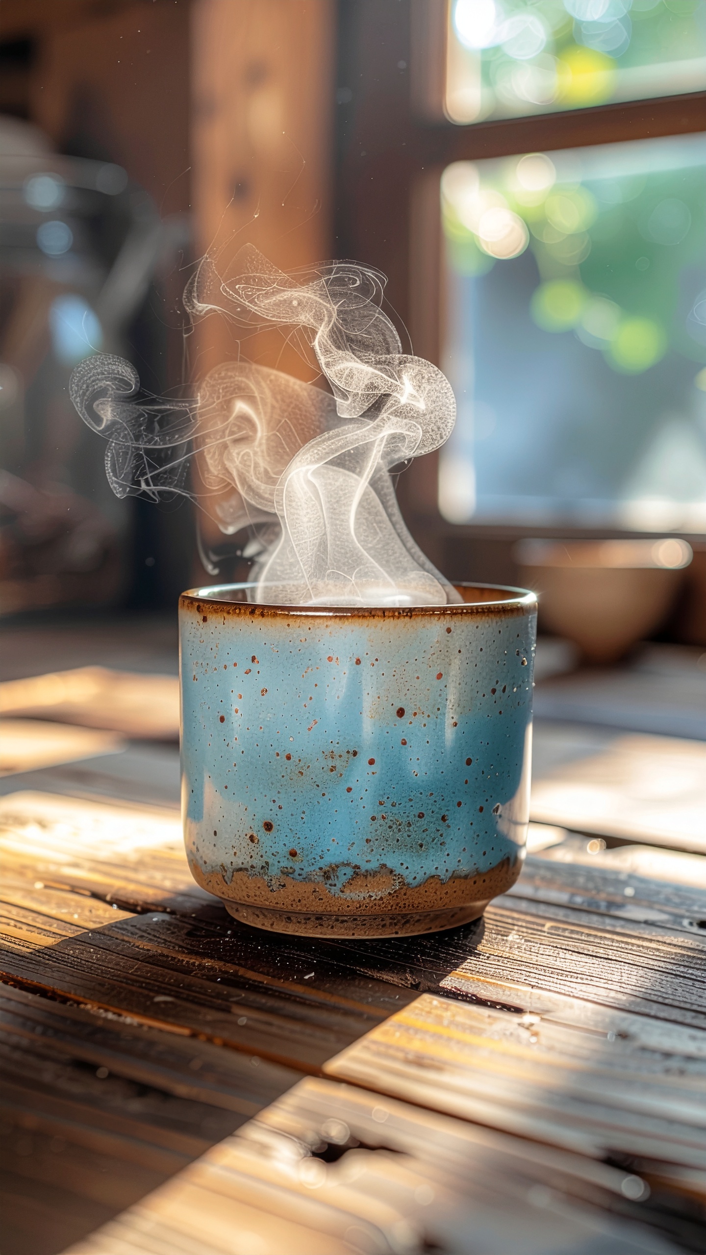 Xícara de cerâmica azul com manchas marrons sobre uma mesa de madeira iluminada pela luz suave do sol. Vapor se eleva delicadamente, criando um padrão etéreo e destacando a atmosfera acolhedora do ambiente. Fundo desfocado com bokeh sutil, sugerindo um espaço interior tranquilo e iluminado.