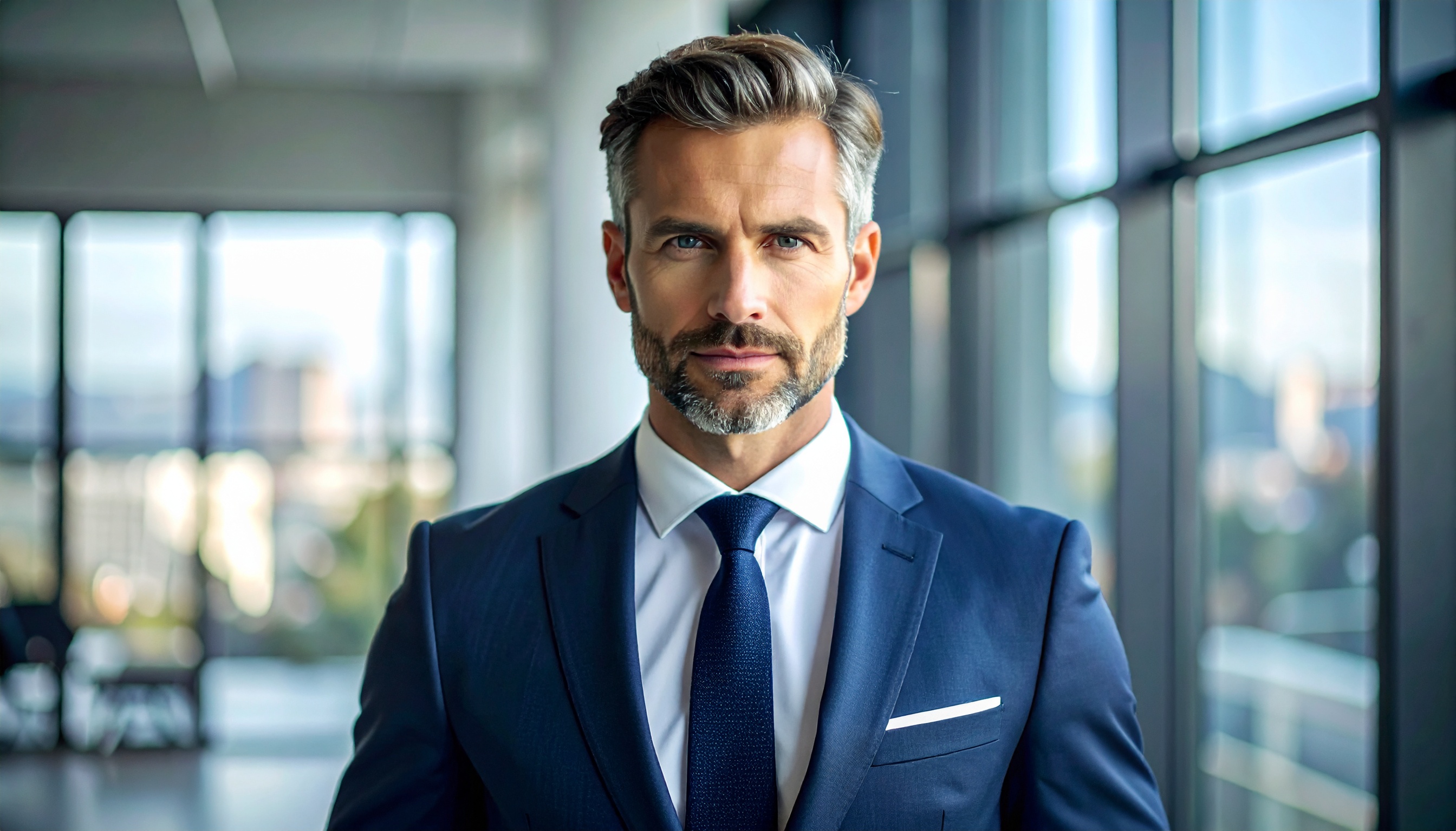 Homem de meia-idade em terno azul escuro, em ambiente corporativo moderno, transmitindo confiança e profissionalismo, ideal para conceitos de liderança e empreendedorismo.