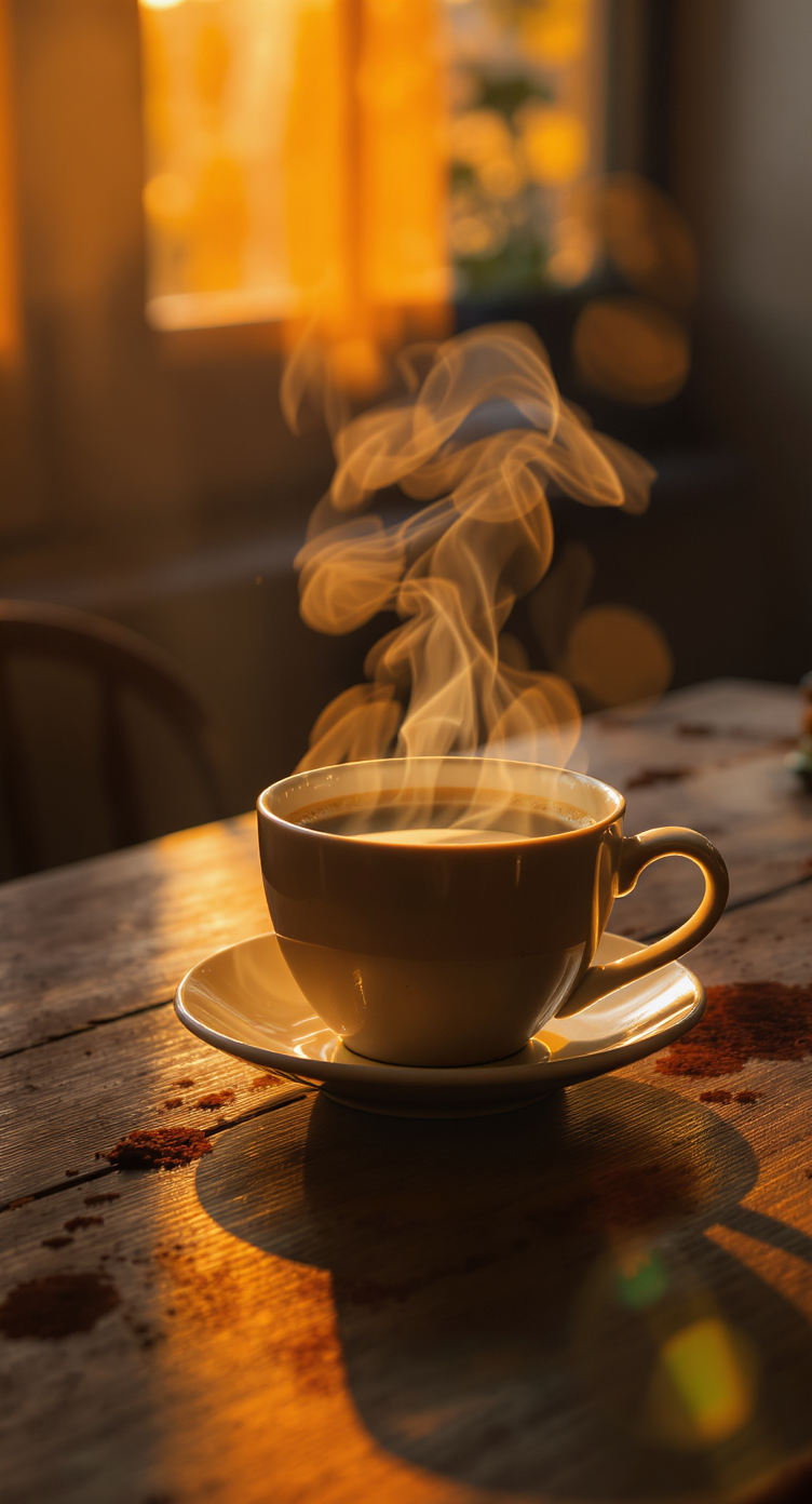 Warm Coffee Cup on Wooden Table