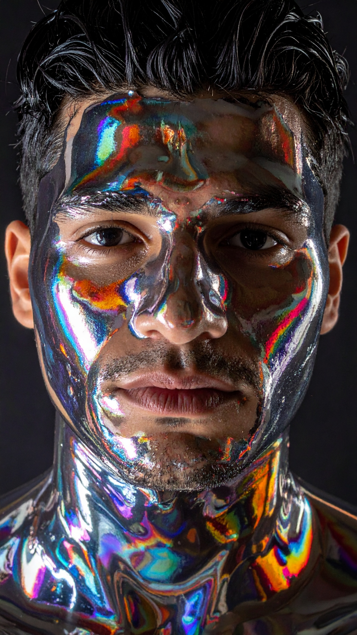 A man with a face covered in holographic paint stares directly at the viewer