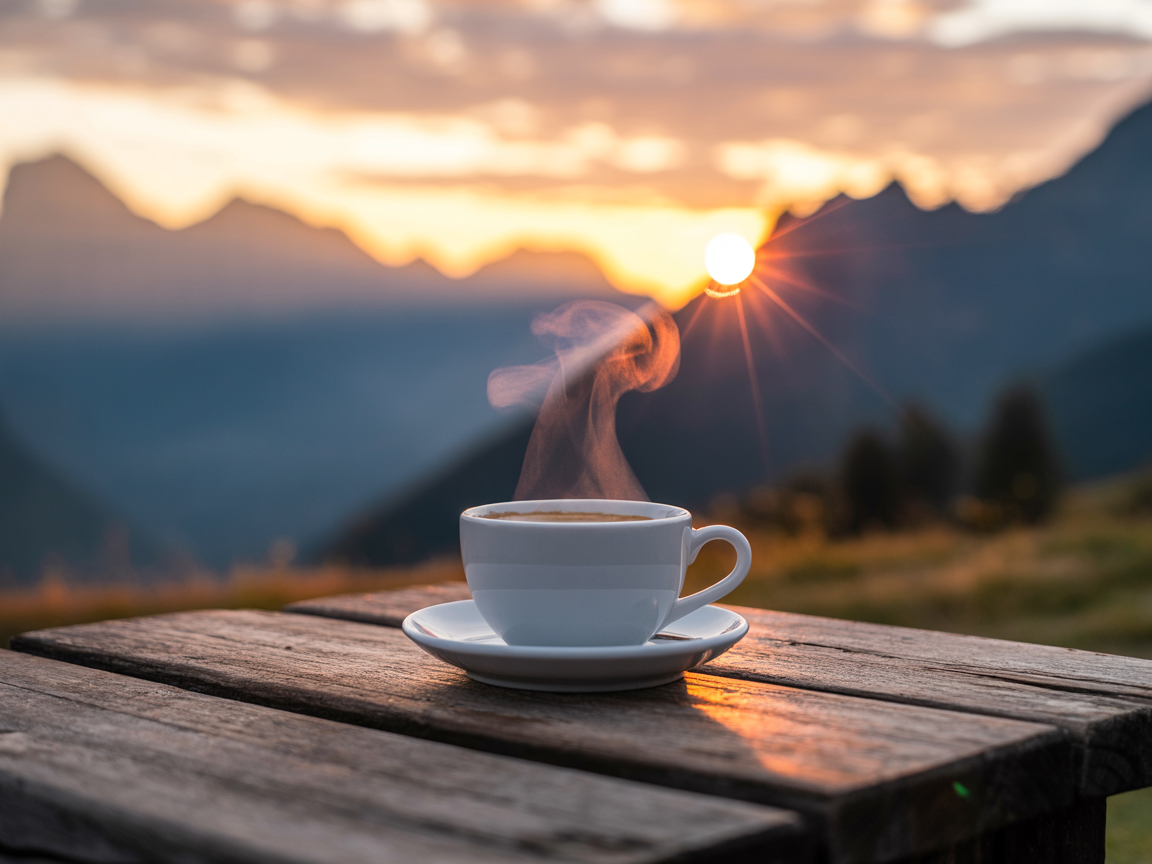 Steaming Coffee Cup on Wooden Table at Sunset