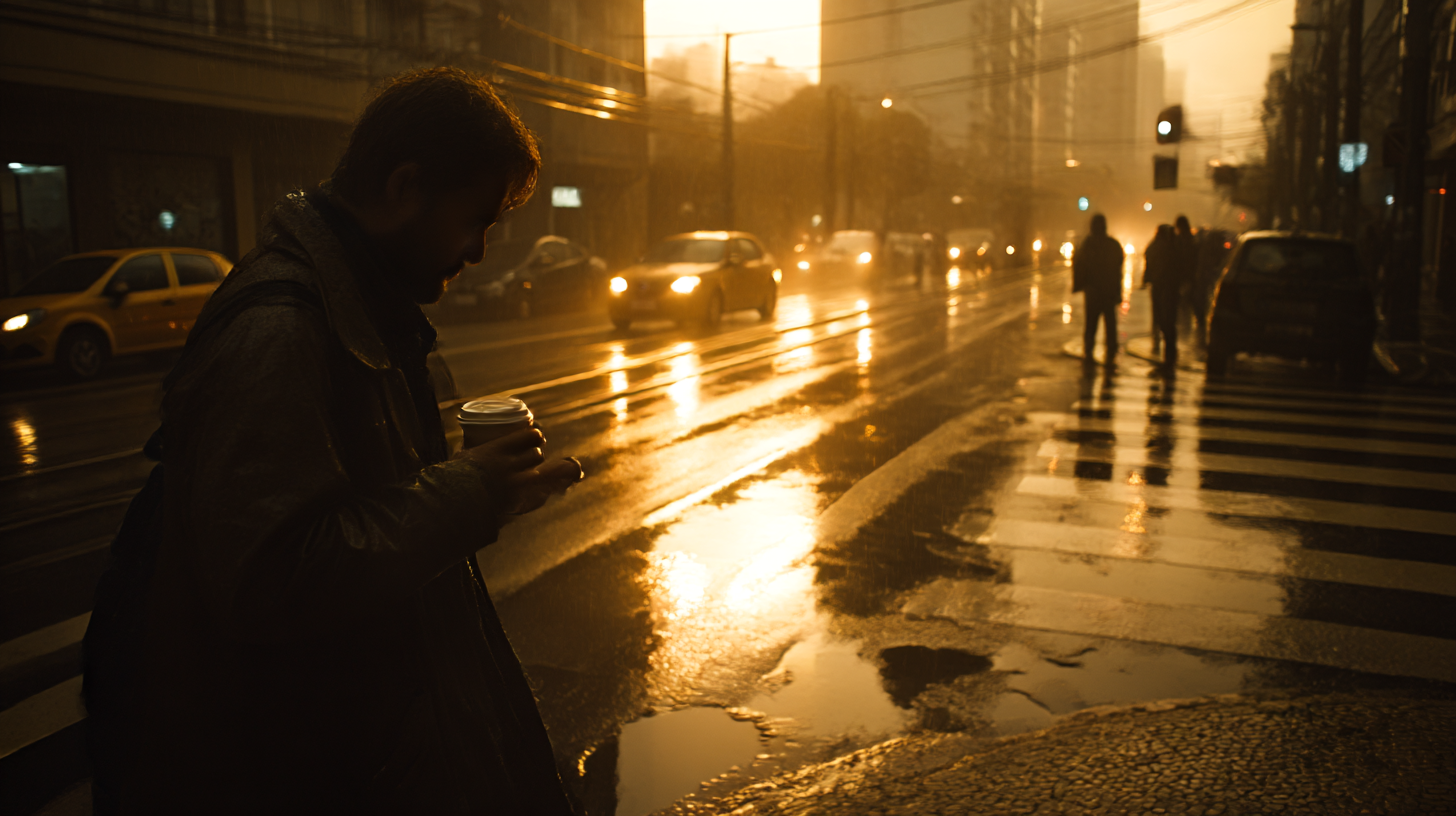 A imagem apresenta uma cena urbana ao entardecer, onde a luz dourada do sol se mistura com o ambiente chuvoso. O fundo é dominado por tons quentes de laranja e amarelo, refletindo-se nas poças de água e nas superfícies molhadas. A composição destaca um homem em primeiro plano, silhuetado contra a luz, segurando uma bebida, enquanto carros e pedestres se movem na rua.