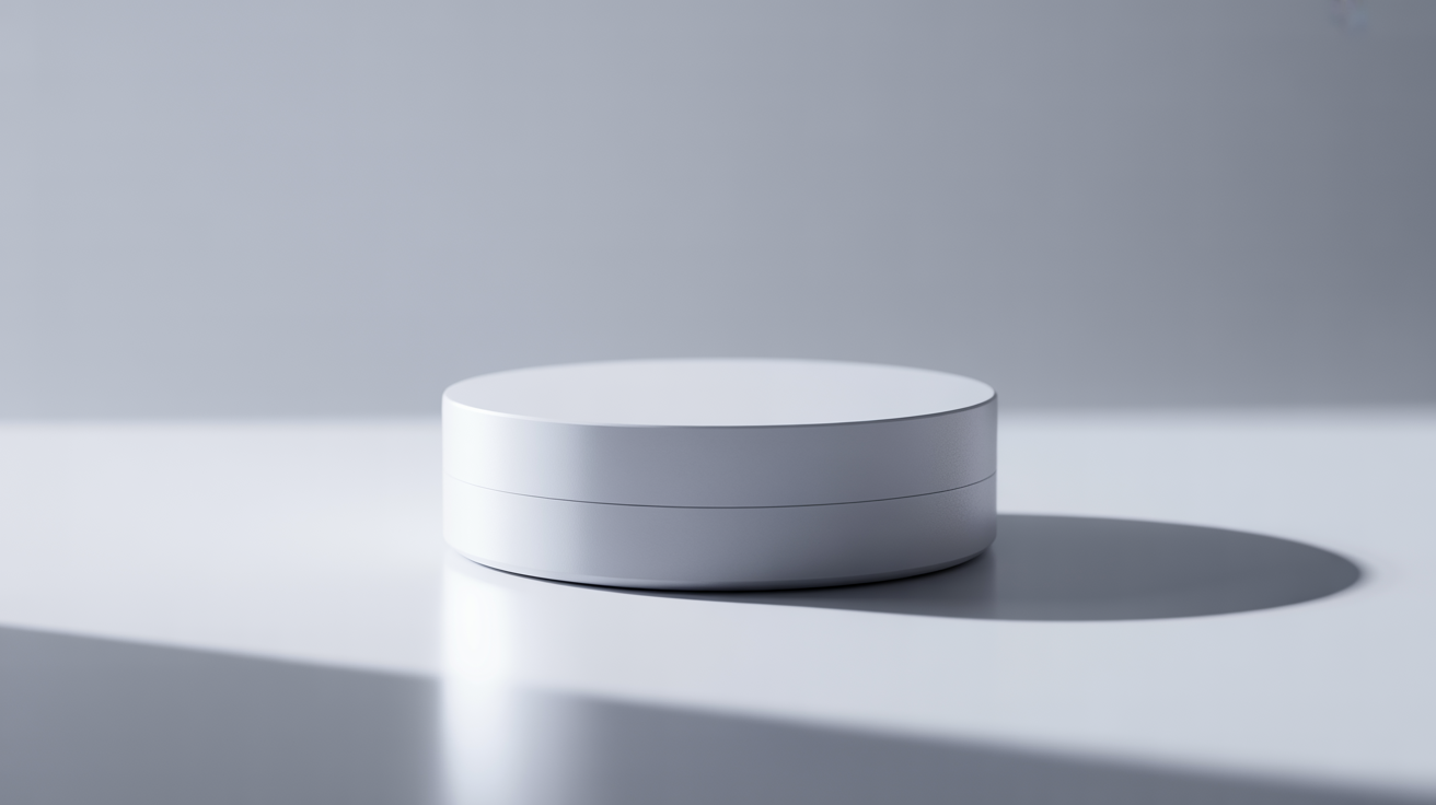A sleek white circular device rests on a smooth surface