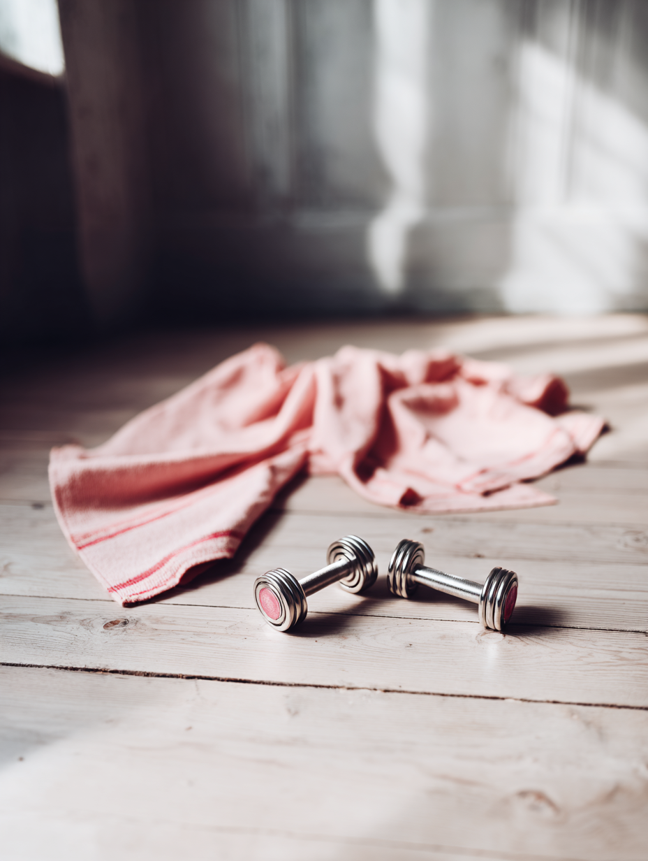 Um par de halteres metálicos repousa sobre um piso de madeira clara, ao lado de uma toalha de algodão rosa. A luz suave e natural entra pela janela, criando sombras sutis no ambiente, proporcionando uma sensação de tranquilidade e organização. A composição é minimalista, com foco nos objetos que sugerem um espaço pessoal de treino ou relaxamento.