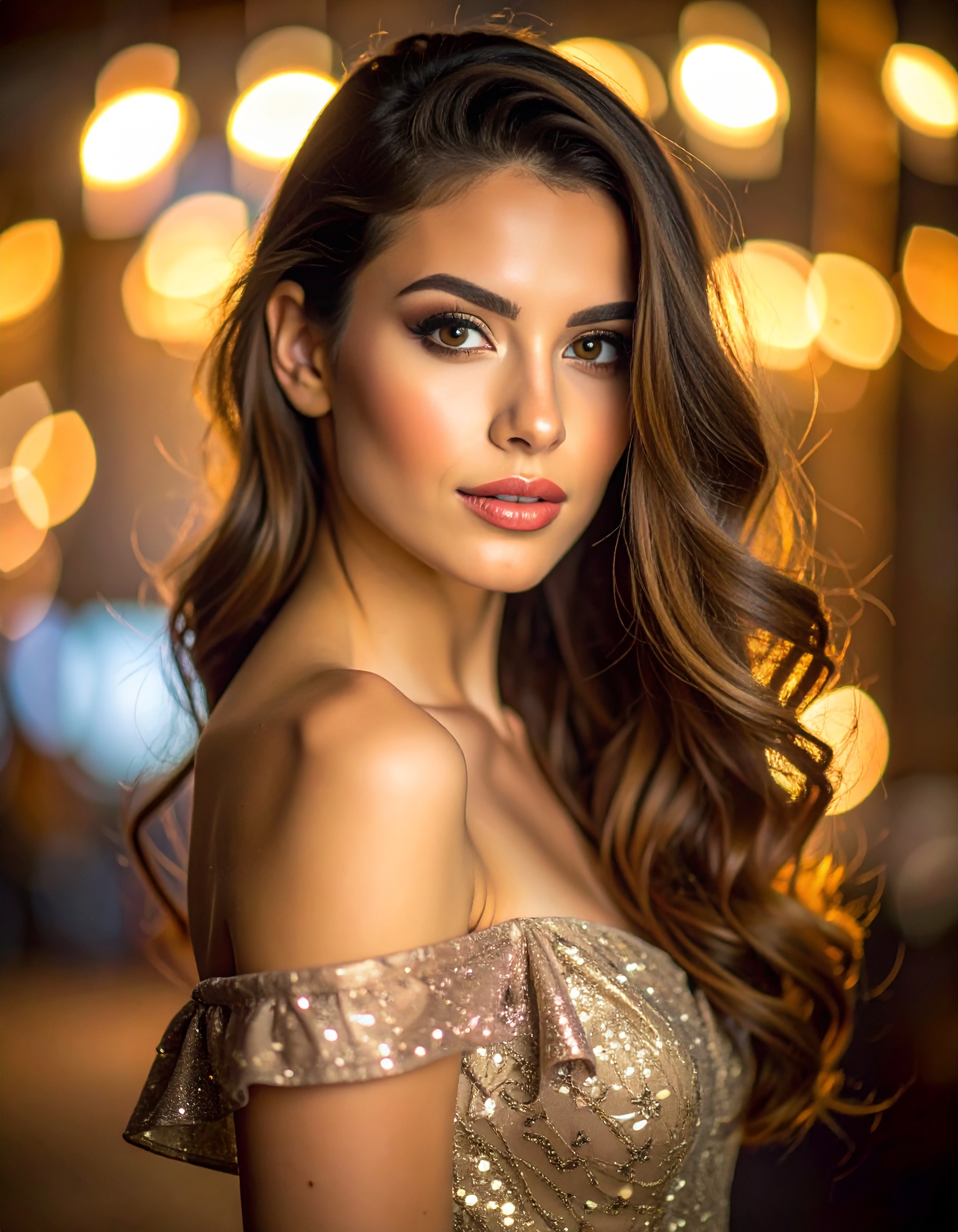 Elegant woman in a shimmering evening gown against a warm bokeh background