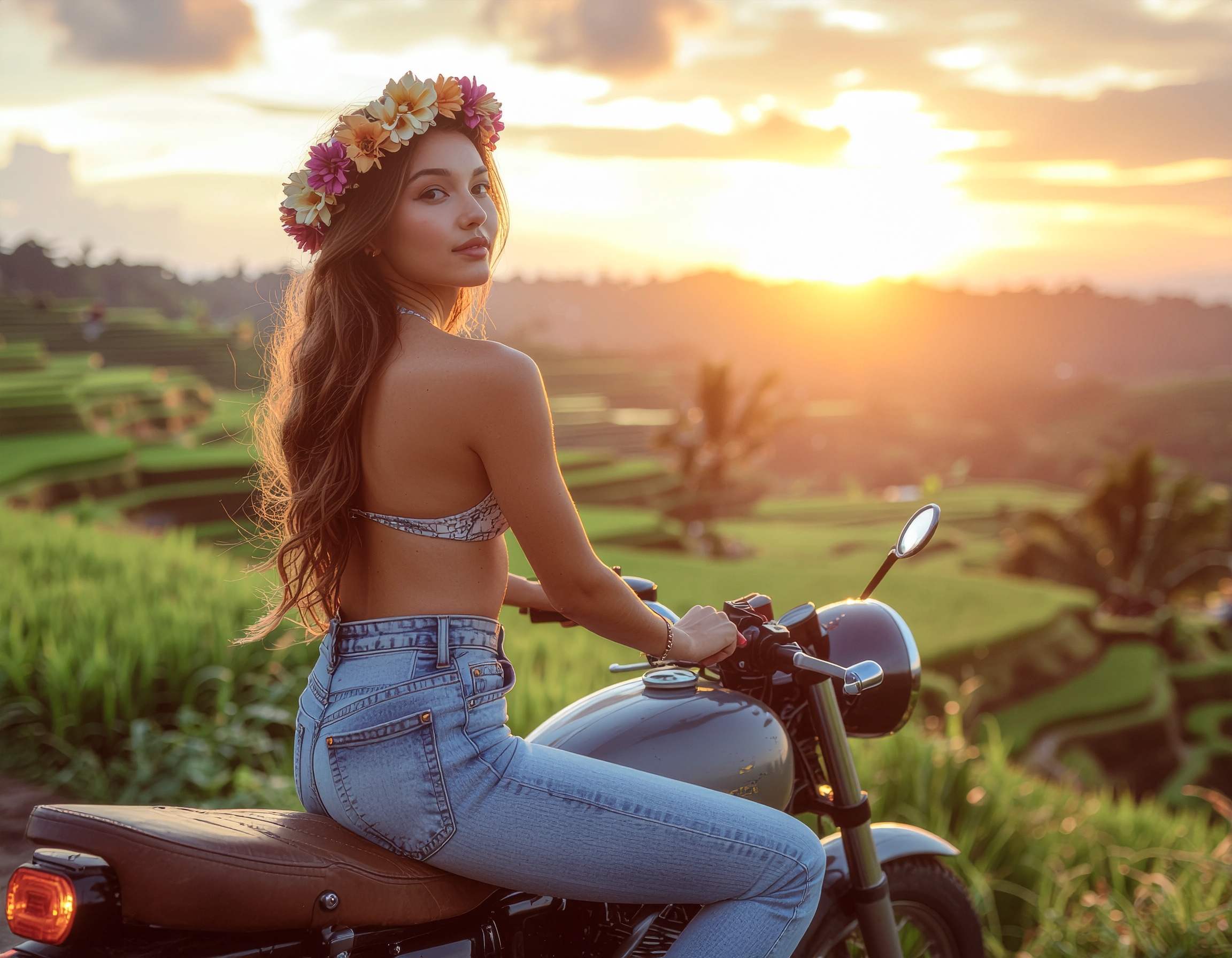 A woman wearing a floral crown sits on a motorcycle at sunset in lush rice terraces