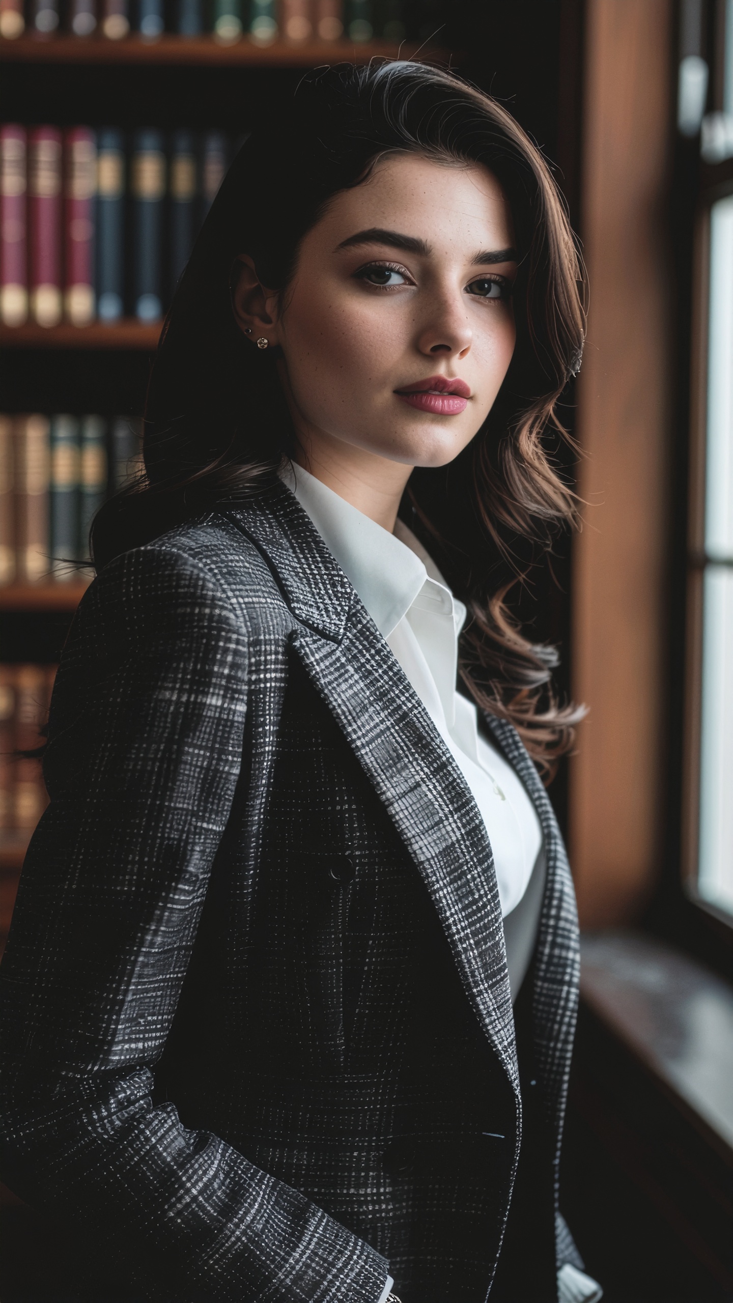 A woman in a plaid blazer stands in an elegant library setting