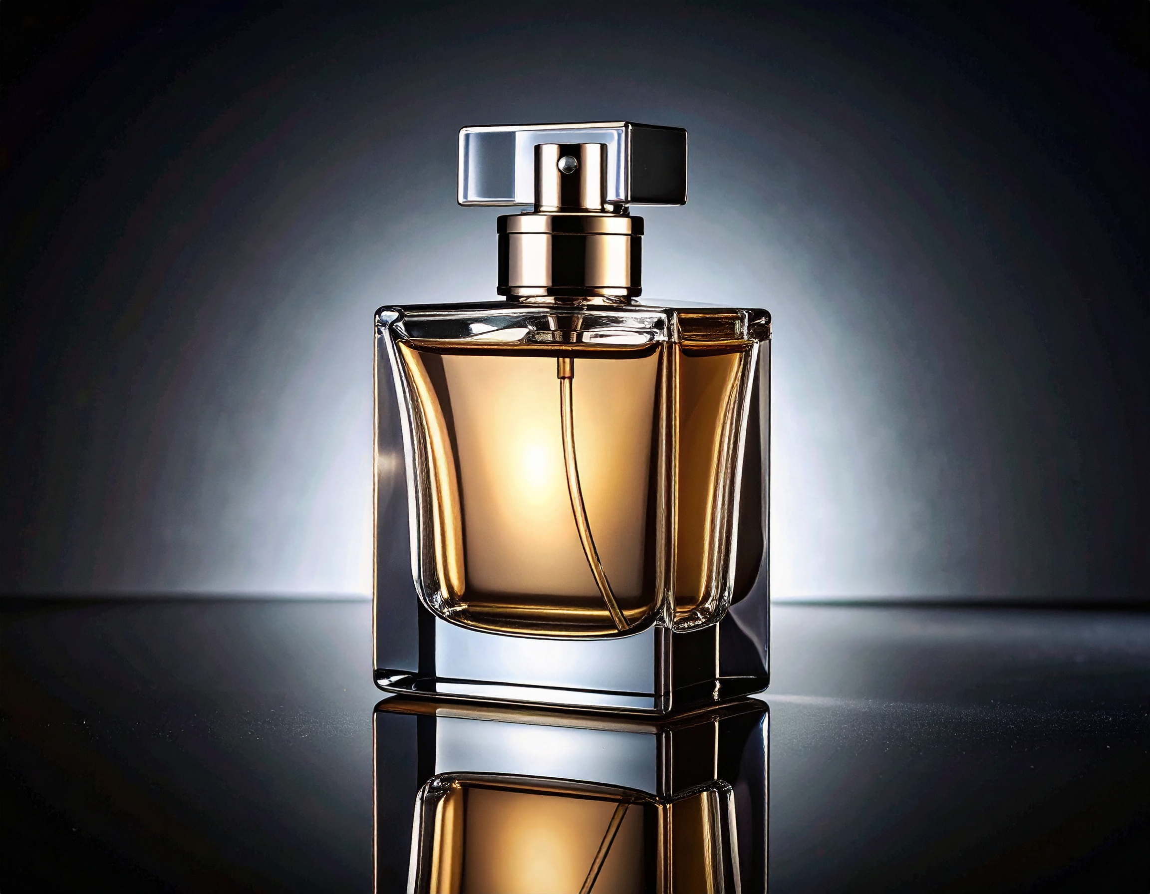 Elegant Glass Perfume Bottle on Dark Reflective Surface